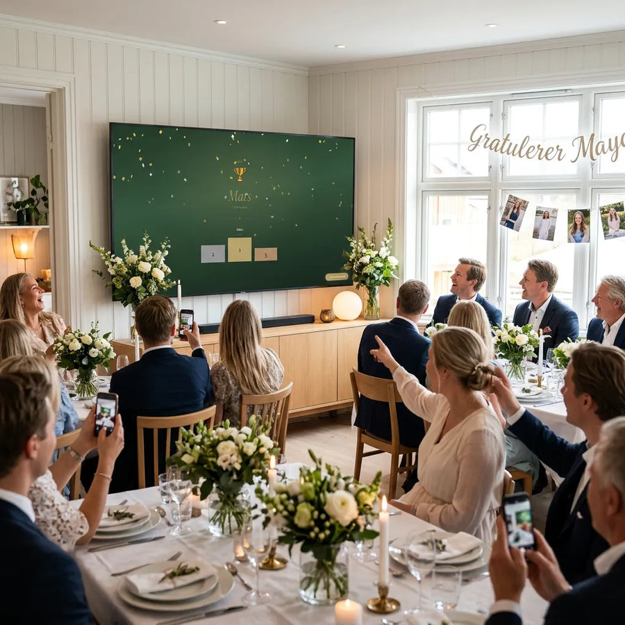 Konfirmant og gjester ser mot en storskjerm med et quizspørsmål og fire svaralternativer under konfirmasjonsfesten.