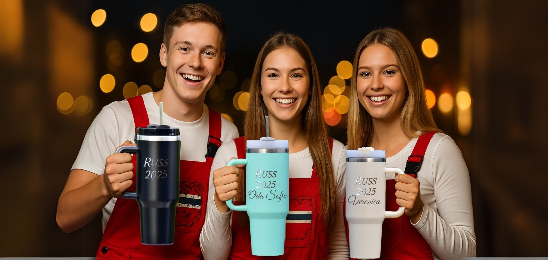 Tre russ som viser frem RUSS 2025 termokopper fra Hjertelig.no