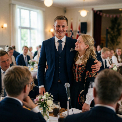 To søsken i bunad står sammen i konfirmasjonsselskapet.