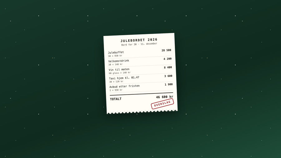 Kvittering for et julebord for 30 personer på mørkegrønn bakgrunn med snø: julebuffet, velkomstdrink, vin, taxi hjem og avbud etter fristen, totalt 46 600 kr, stemplet OVERSLAG.