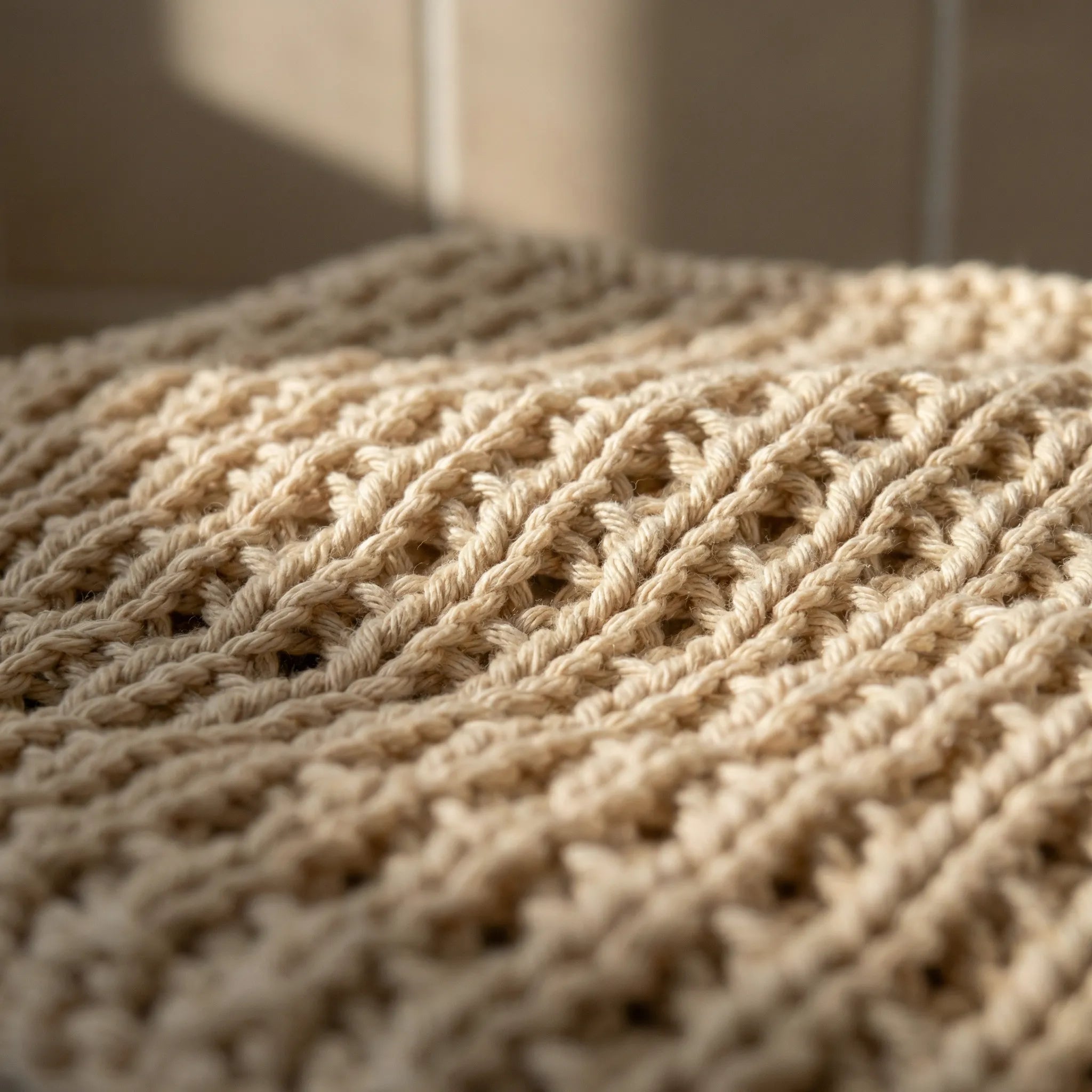 Vaskeklut til kjøkken eller bad i bomull. Håndstrikket av mamma. Disse kommer i 1pk og er 18X20 cm i størrelse. Denne er i fargen beige og her ser man nærbilde av mønsteret og detaljene i kluten.