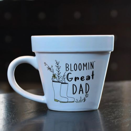 Blå kopp som ser ut som en blomster potte. På koppen står det "blooming great dad"