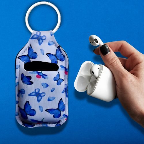 Blå sommerfugl veske deksel til airpods som kan henges på nøkkelringen.