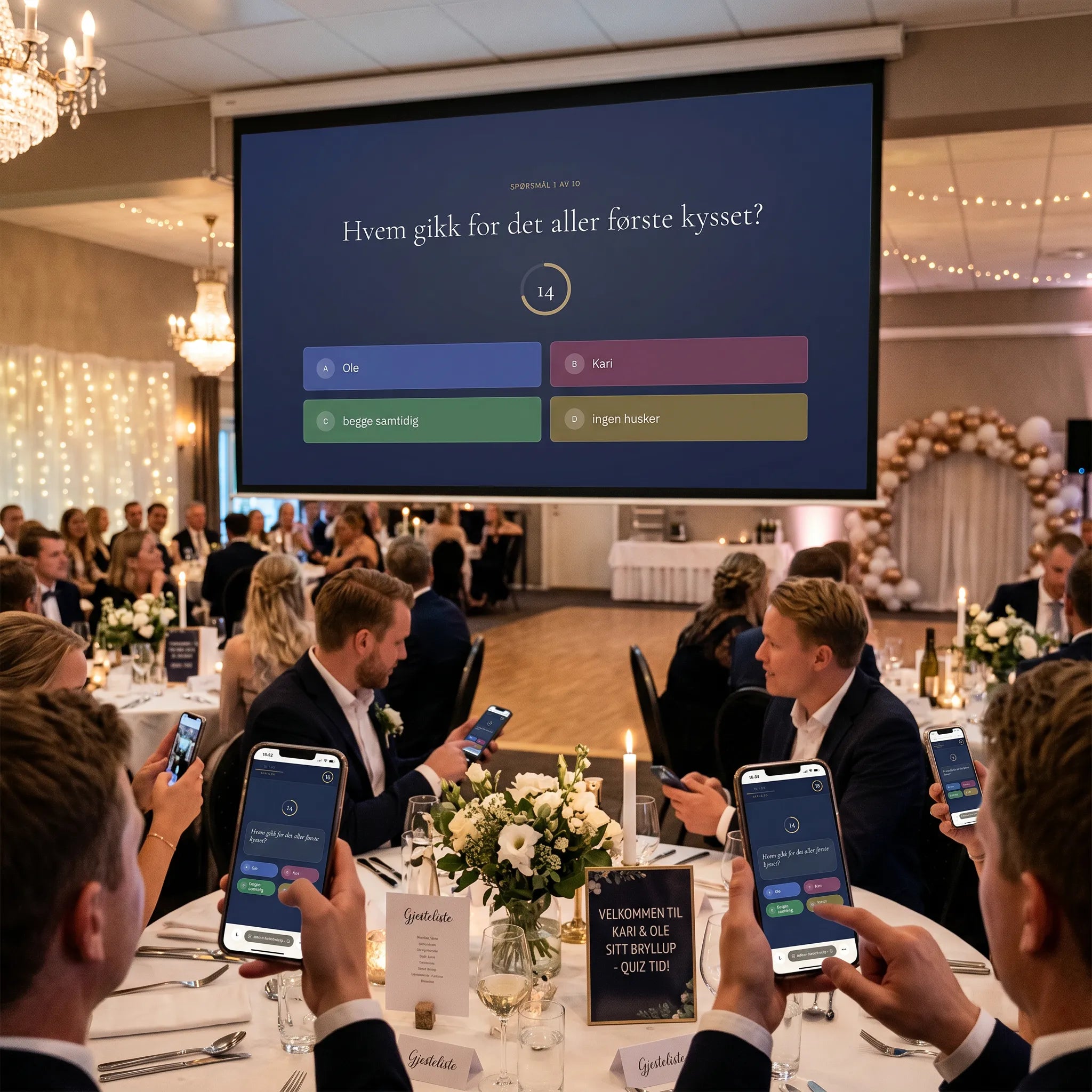 Bryllups quiz som underholdning på storskjerm under bryllupsfesten. Kjør quizen på storksjerm. Brudeparet lager sine egene spørsmål og svar før bryllupsfesten. Gjestene scanner qr koden og blir med fra telefonen sin. Poengteller og tid på quizen. Den beste underholdning som også er personlig.