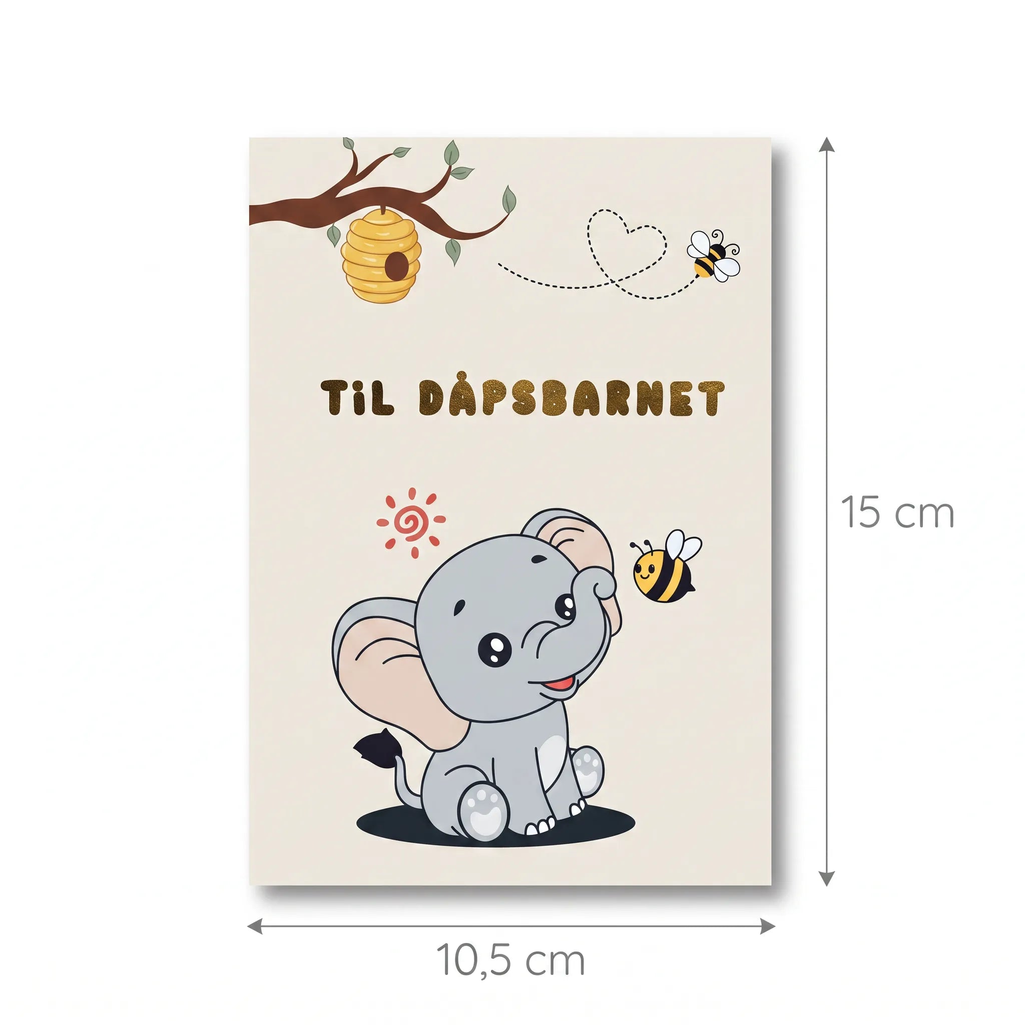 Dåpskort med gulldetaljer. Her vises størrelsen på kortet. Dette er et dobbeltkort som er brettet. Når kortet er brettet så måler det 10,5cm i bredden og 15 cm i høyden.