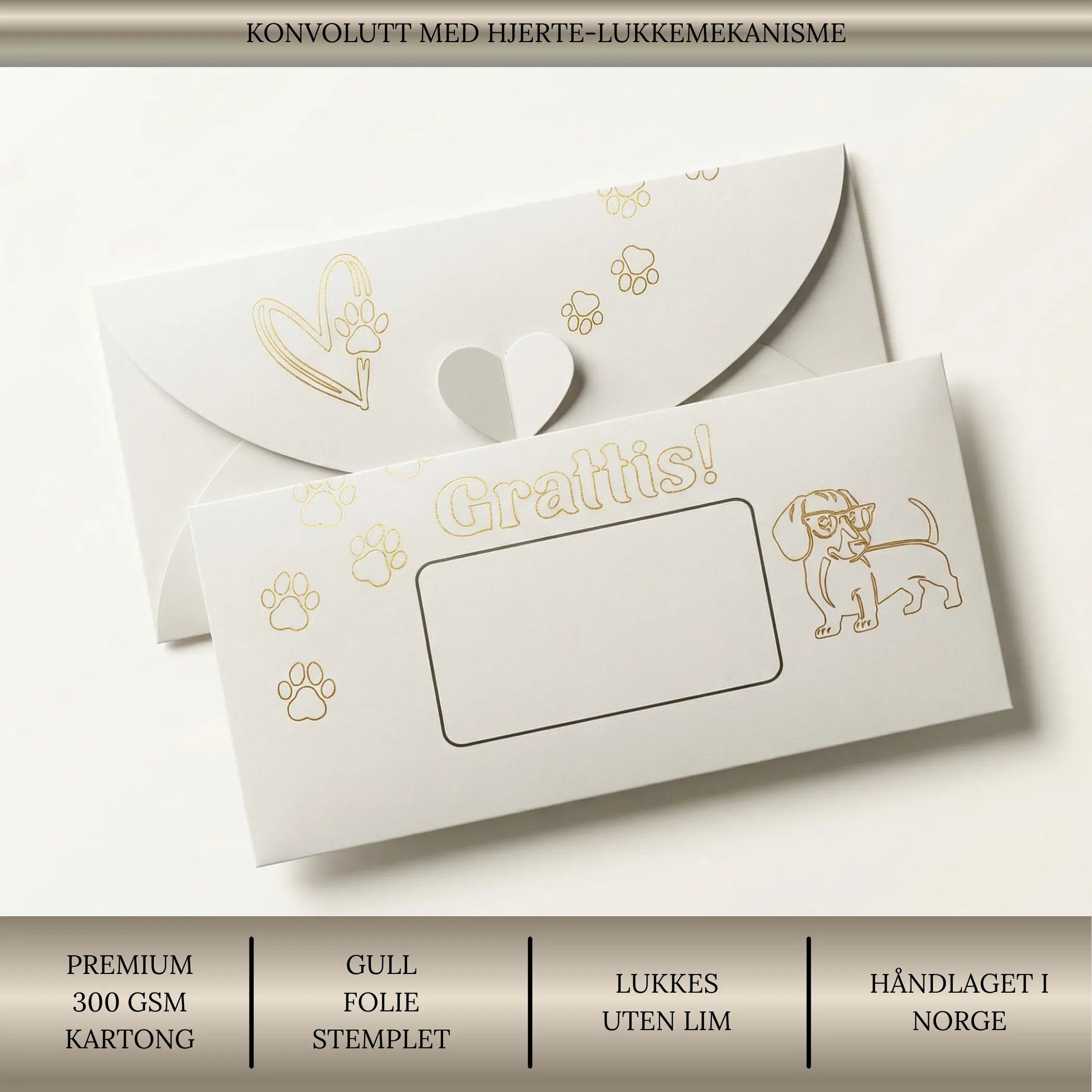 Konvolutt med teksten "Grattis!" på. Denne konvolutten passer perfekt til våre håndlagde skrapekort. Dette er desginet som kommer me dachs hund og poter på. Konvolutten er laget av tykk kartong og gulldetaljene er folie som er trykket ned i kortet.