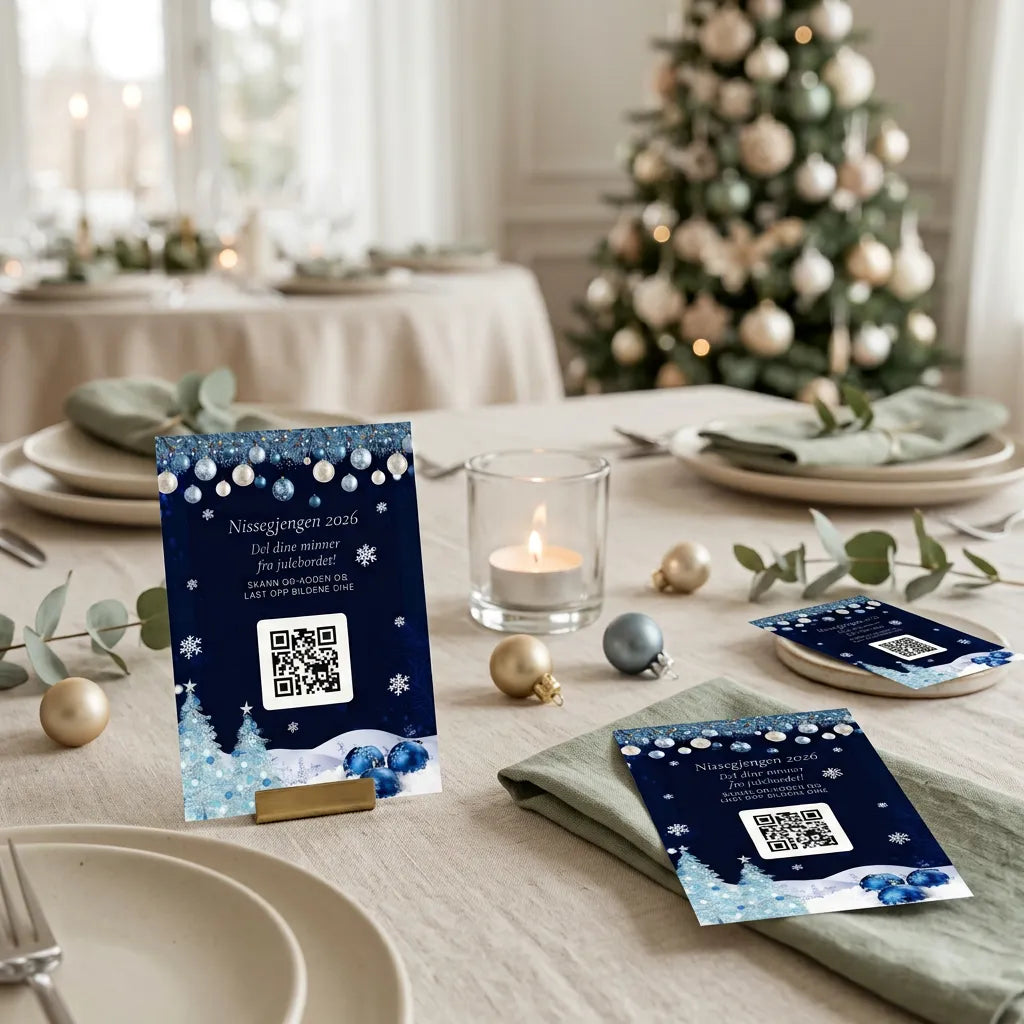 Velg mellom mange ferdige juledesign på qr-kode bildekortene, eller design dine egene kort med personlig bilde av nissegjengen. Bildedeling samler minnene fra julebordet og er fantastisk underholdning på julebordet sammen med venner, familie eller jobben.