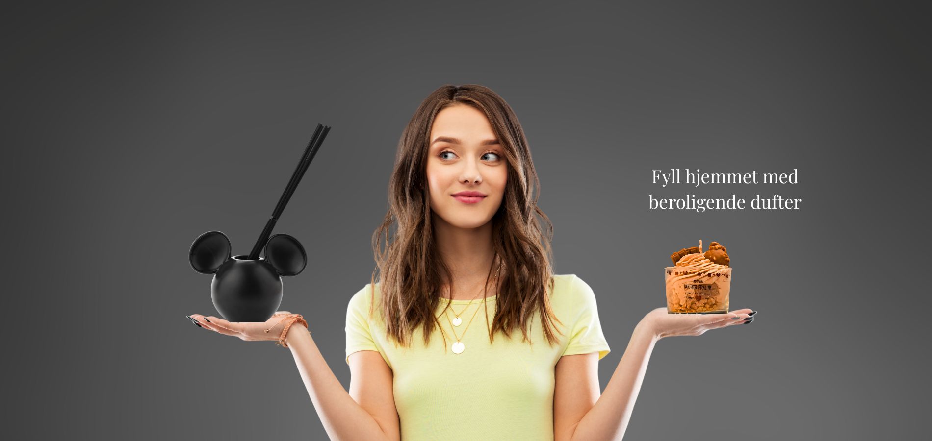 Disney diffuser i sort farge med duftpinner og et sjokoladeduftlys som ser ut som en nydelig sjokolade dessert.