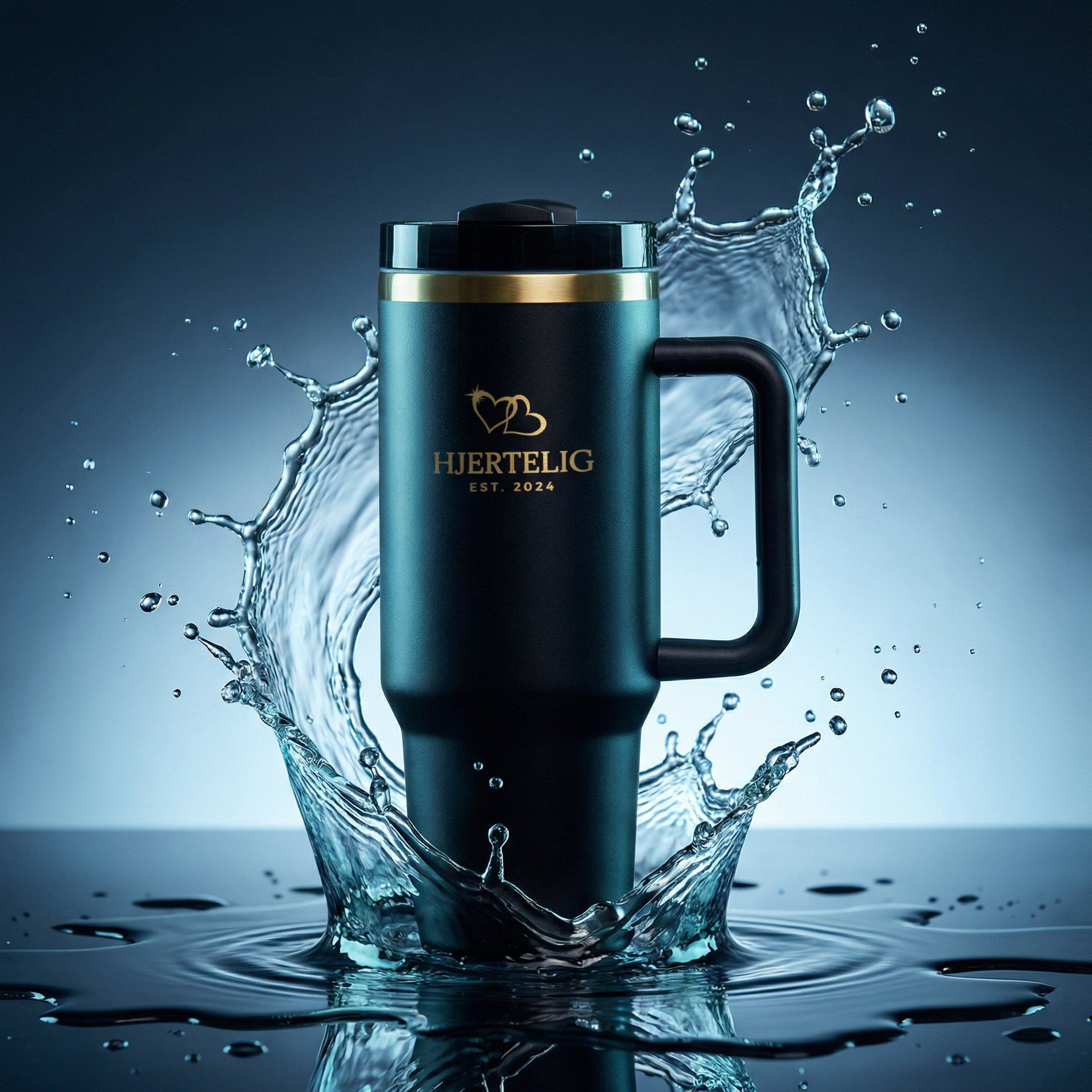 Termokopp om splasher i en dam av vann. Bilde viser tydelige detaljer og man kan se hvordan gulldetaljene både kanten rundt lokket og logoen gir denne tumbleren et eksklusivt utseende sammen med den svarte fargen til koppen.