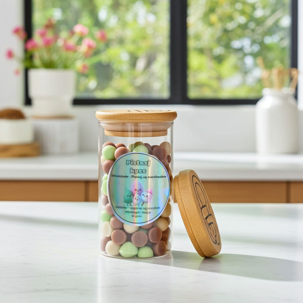 Duftvoks kuler håndlaget i Norge. Disse soya voks kulene har en fantastisk unik og søt lukt av pistasj og marshmallows. Kulene er grønne, brune og kremhvite og kommer i denne nydelige glasskrukken som gjør det et lett valgt å gi bort i gave. Gi en søt og nydelig julegave til noen som fortjener noe helt spesielt i år!