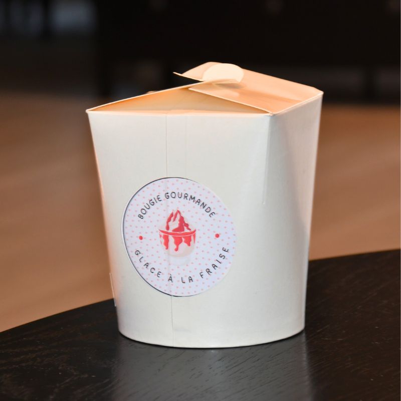 Vanilje og jordbær is dessert duftlys eske forran