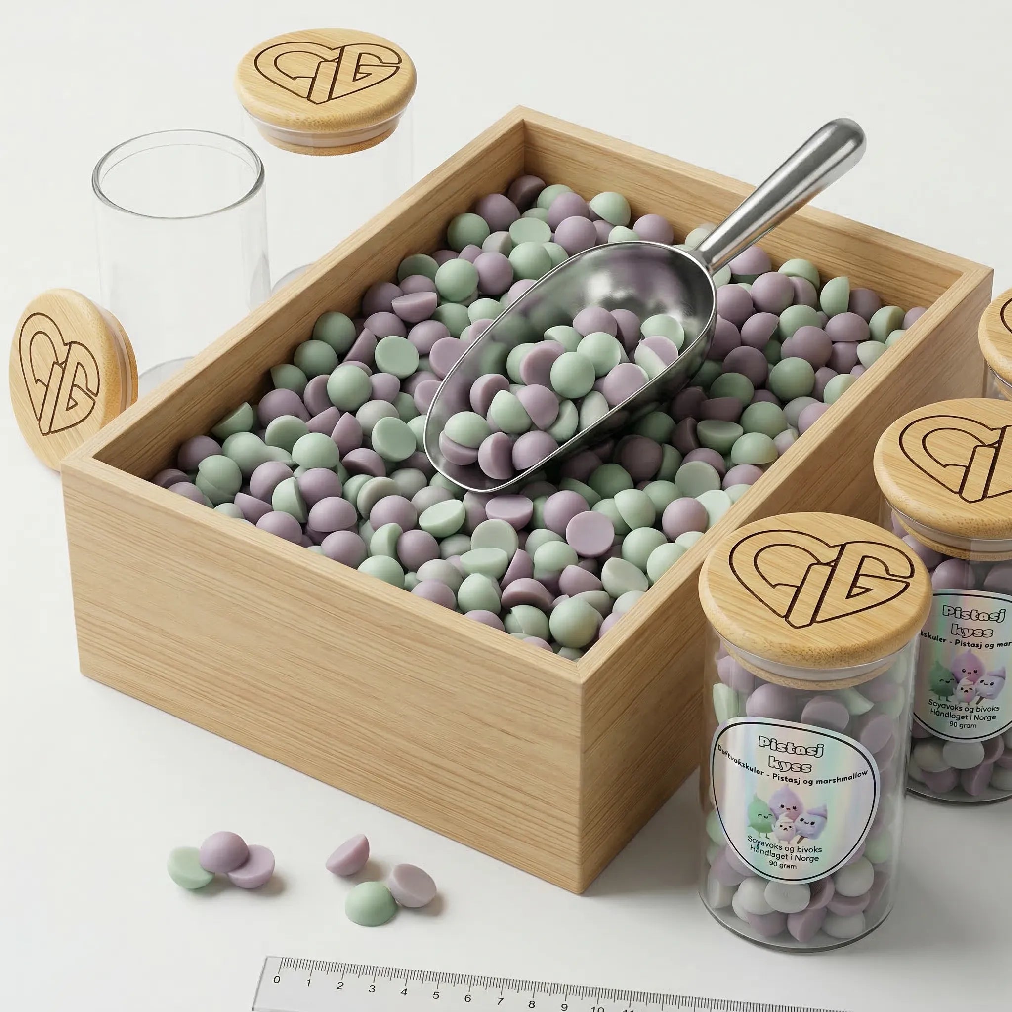 Mange små duftvokskuler i en stor treboks. Glass med trelokk står rundt esken og fylles opp med duftvoks. Hvert glass inneholder 90g. Laget av soyavoks og bivoks. Duft av pistasj og marchmallows. Håndlaget i Norge