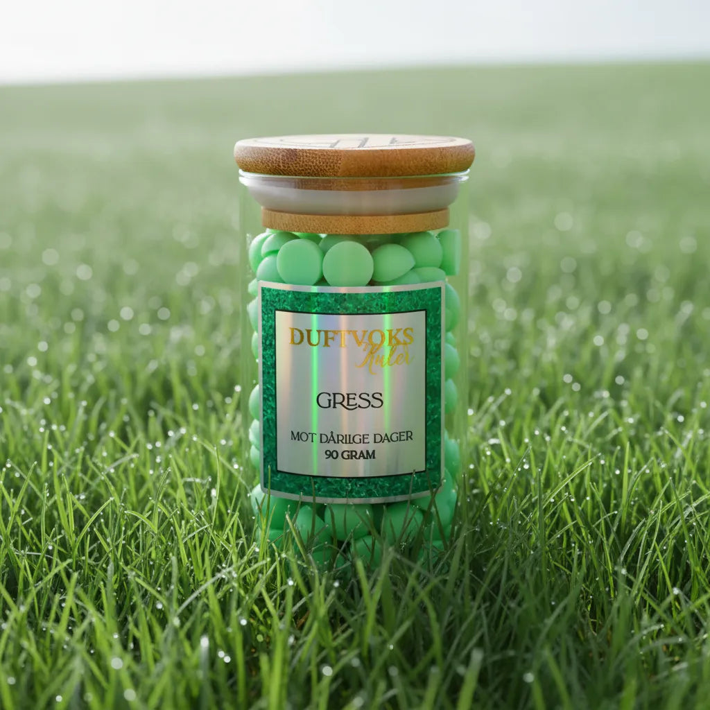 Duftvoks i små kuler med duft av nyklipt gress som heter forbudt på søndag. En lett og sommerlig duft. Laget med naturlig soyavoks i Norge.