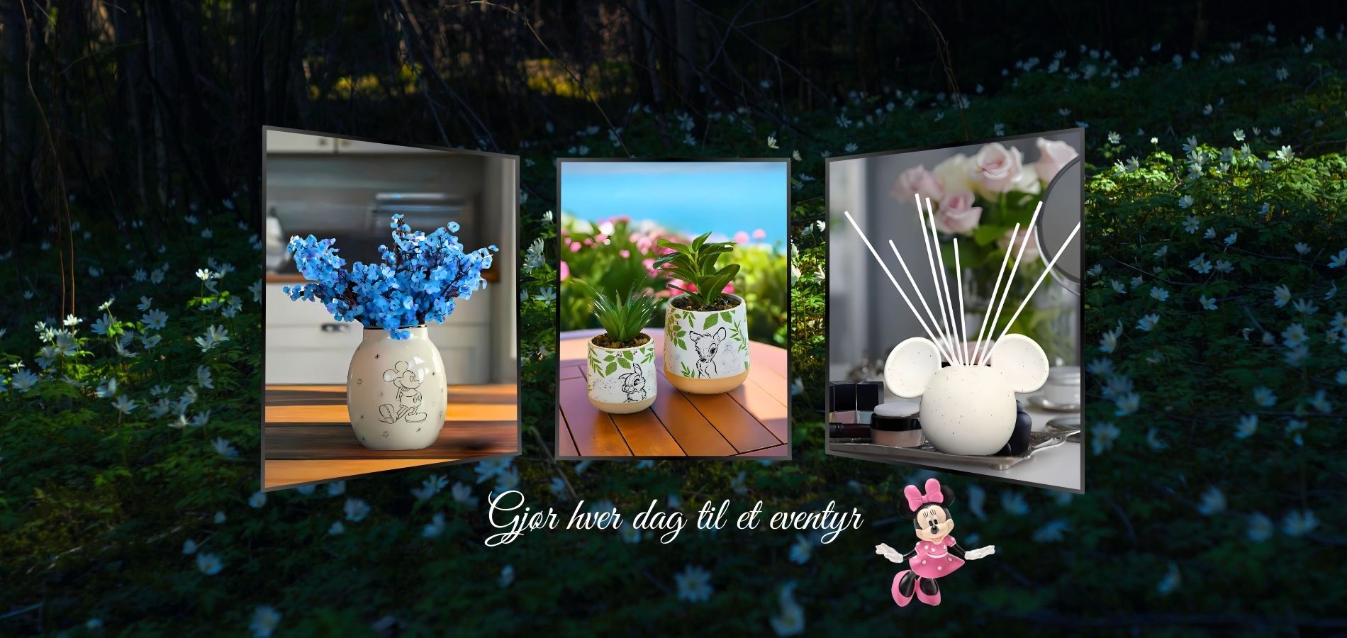 Interiør decor fra Disney. Her har vi figurer som bambi, trampe, Mikke mus og Minni. Gjør hver dag til et eventyr.