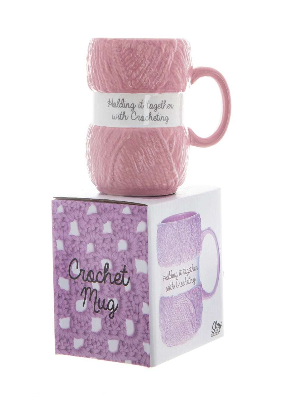 Rosa garn nøste kopp til den hekleglade med fin gave-eske. Morsom tekst på koppen "holding it toghether with croaching". Humor, gaveforslag til den hekleglade kaffe-elskeren med sans for humor.
