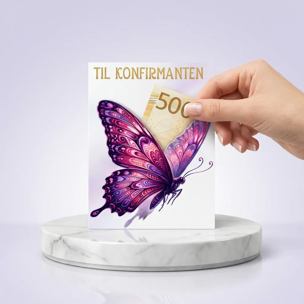 Konfirmasjonsgaven alle jenter ønsker seg. Designerkort med pengelomme. Den lilla og rosa sommerfuglen på framsiden av kortet har en lomme i vingene sine hvor man kan putte penger oppi. Da ser det ut til at sommerfuglen flyr med pengene. Unik og morsom måte å gi bort penger til en jente som skal konfirmeres. Kortet kan åpnes og inni er det masse plass for personlig tekst, bilde, eller det man måtte ønske å skrive selv.