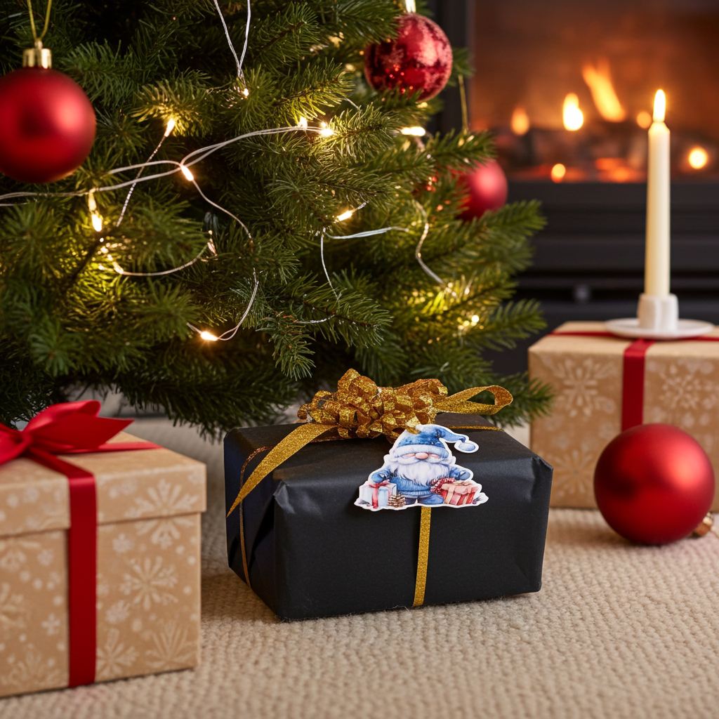 Julegave under juletreet. Gaven har en nydelig blå gavelapp på seg som henger i gullbåndet på julegaven. Gi julegavene en nydelig detalje med disse herlige håndlagde til fra lappene. Denne merkelappen er en blå nisse med nisseluen tredd over øynene. Han holder julegaver i hendene.