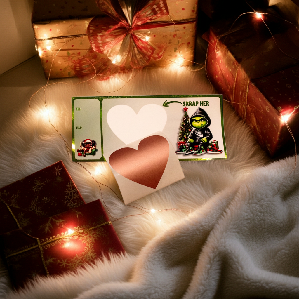 Skrape julegave / gavekort med grønt design og grønn folie. Skrap her med grønn pil til hjertet hvor man skal skrive hva man ønsker å gi bort i julegave. Egent felt hvor man skriver hvem gaven er til og fra. Det medfølgende hjerte klistremerke i metalisk farge skal plasseres over teksten hvor man har skrevet hva man ønsker å gi bort i julegave. Da vet ingen hva de får før de har skrapt bort hjertet med en mynt og kan da lese teksten og finne ut hva de fikk i julegave. En anderledes måte å gi bort julegaver.