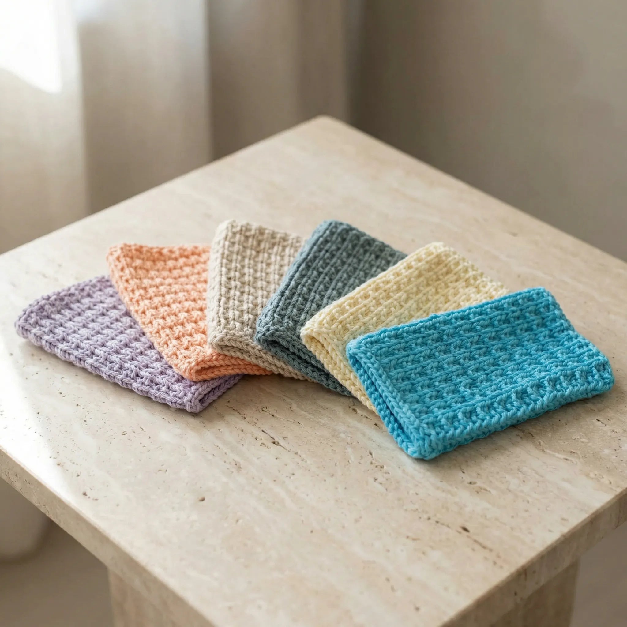 Håndstrikket vaskekluter i 6 forskjellige farger. Disse er strikket i 100% bomull av mamma. Her ligger alle fargene på et bord på badet. Gjennbrukbare, myke og kan brukes som vaskeklut på badet eller på kjøkkenet.