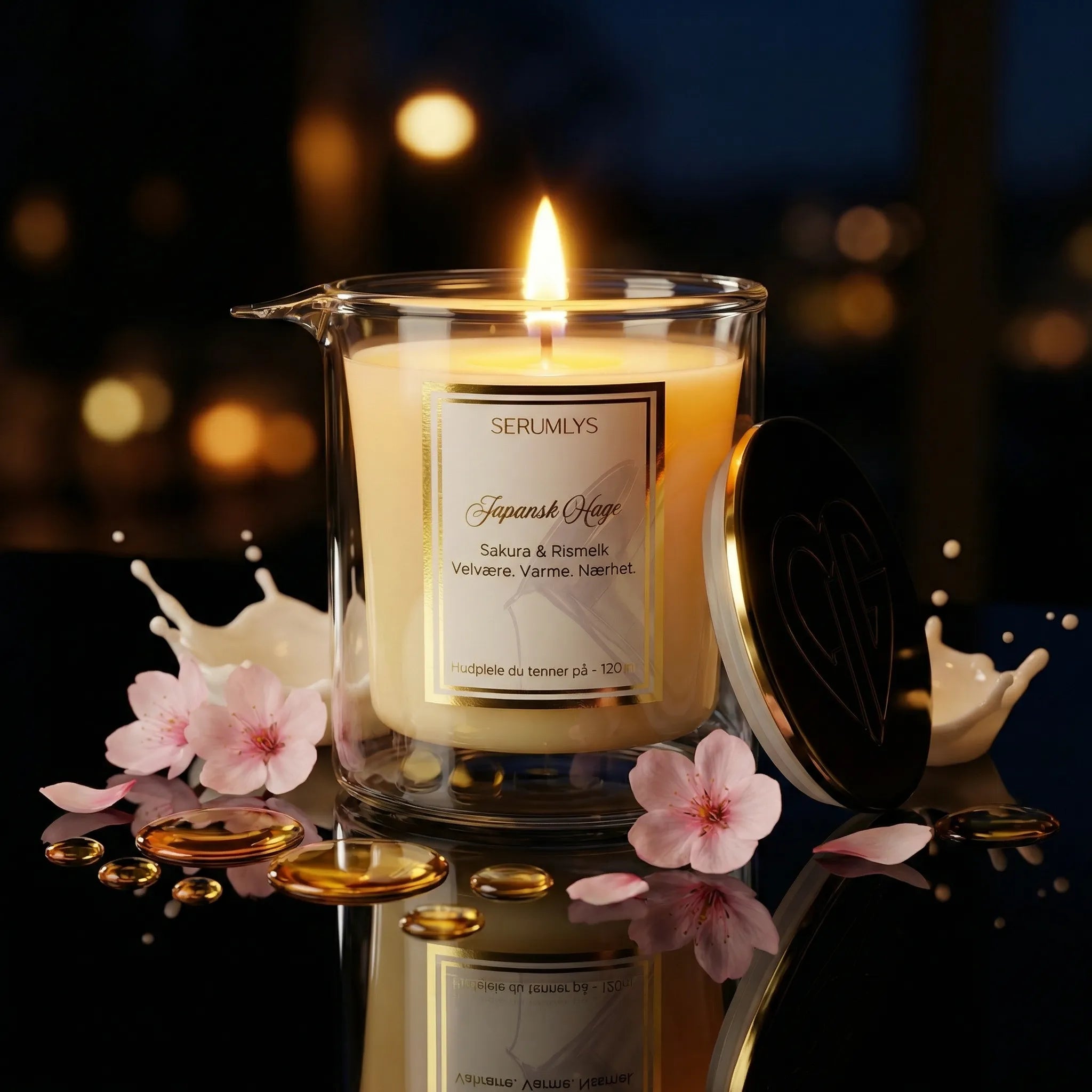 Fuktighet til huden laget av kvalitet planteoljer med en herlig parfymeduft av sakura og rismelk. Et produkt som pleier mer enn bare huden. Trekker raskt inn, gir en følelse av luksus, eksklusivitet hjemme på ditt egent bad. Hvert lys er til ca 30 behandlinger som kroppen din kommer til å elske. Avslappnning, tid til deg selv og pleiende.