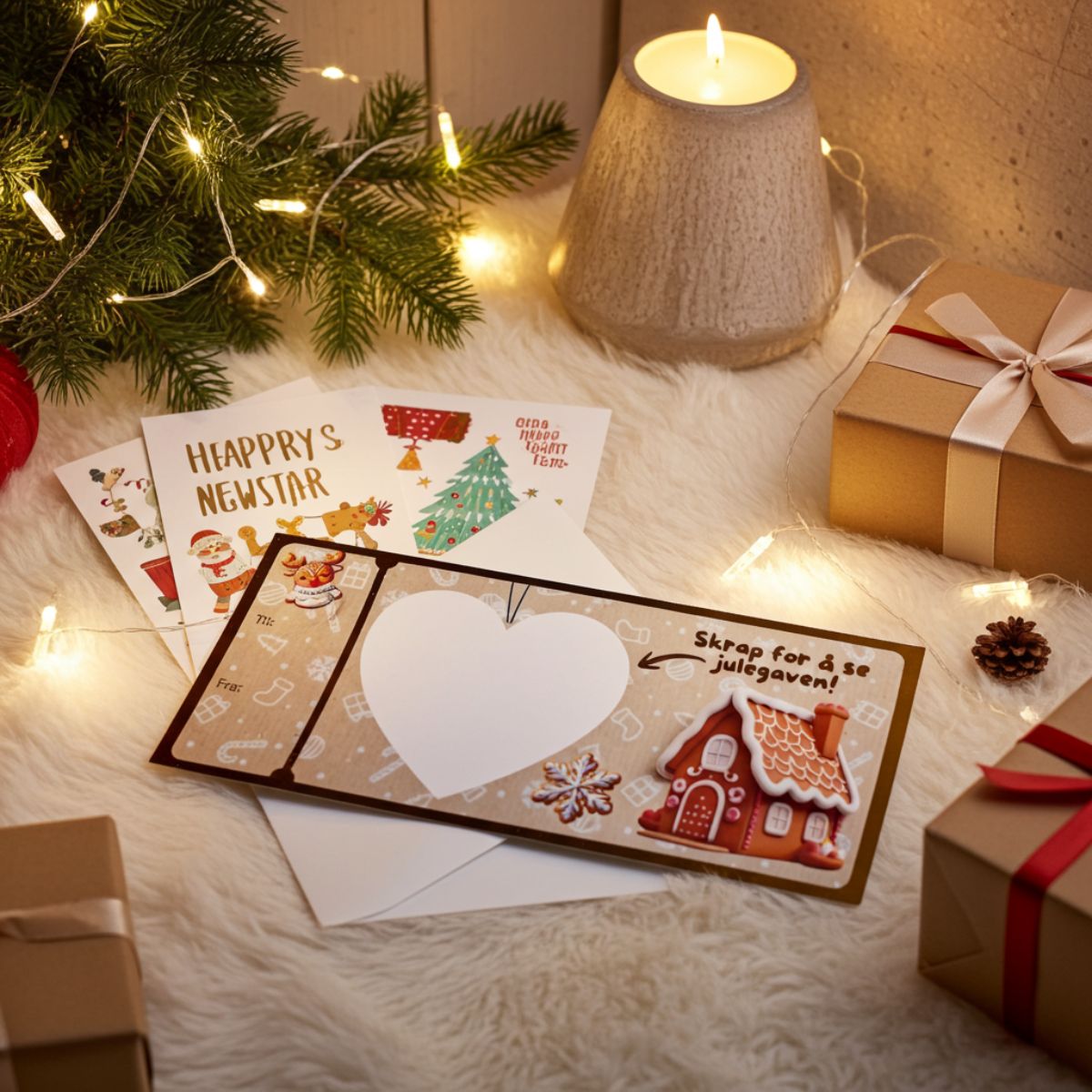 En morsom måte å gi bort en opplevelse på. I hjerte skriver man hva man ønsker å gi bort i julegave. Så er det bare å putte hjerte klistremerke over. Den som får kortet må da skrape vekk hjertet for å finne ut hva han eller hun har fått i julegave. En veldig morsom måte å gi bort en opplevelse, en frisørtime eller andre ting som ikke man kan gi bort fysisk på julaften.