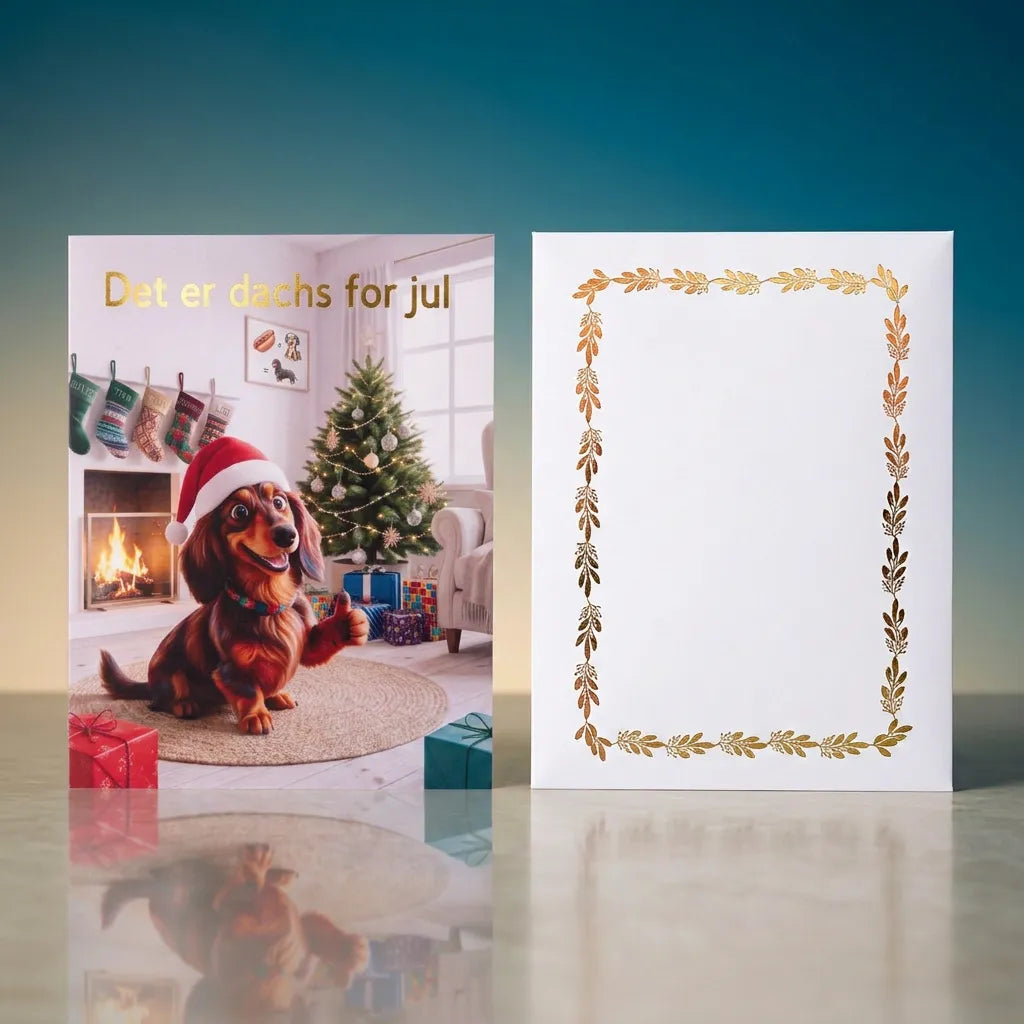 Foto av julekortet med dachshunden stående på et bord. Gullfolien i «Det er dachs for jul» skinner øverst på det doble brettekortet. Konvolutt med gulldetaljer følger også med. Håndlaget i Norge.