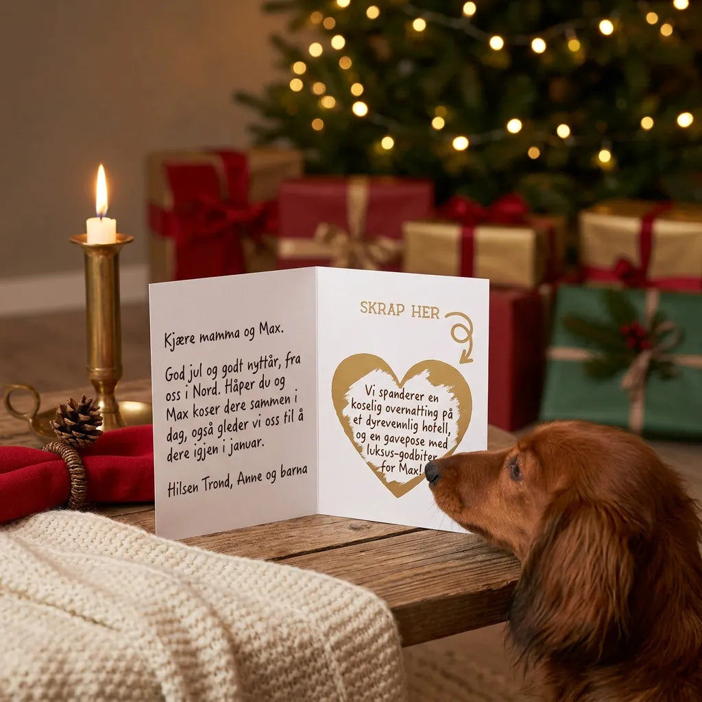 Julegave til hund og hunde-mamma i skrapekortet. Overraskelsen under skrapehjertet er skrapt opp, og dachshunden snuser på julegaven. Han har fått godbiter, og de skal på dyrehotell overrnatting. Kreativ julegave som garantert blir tatt godt imot.