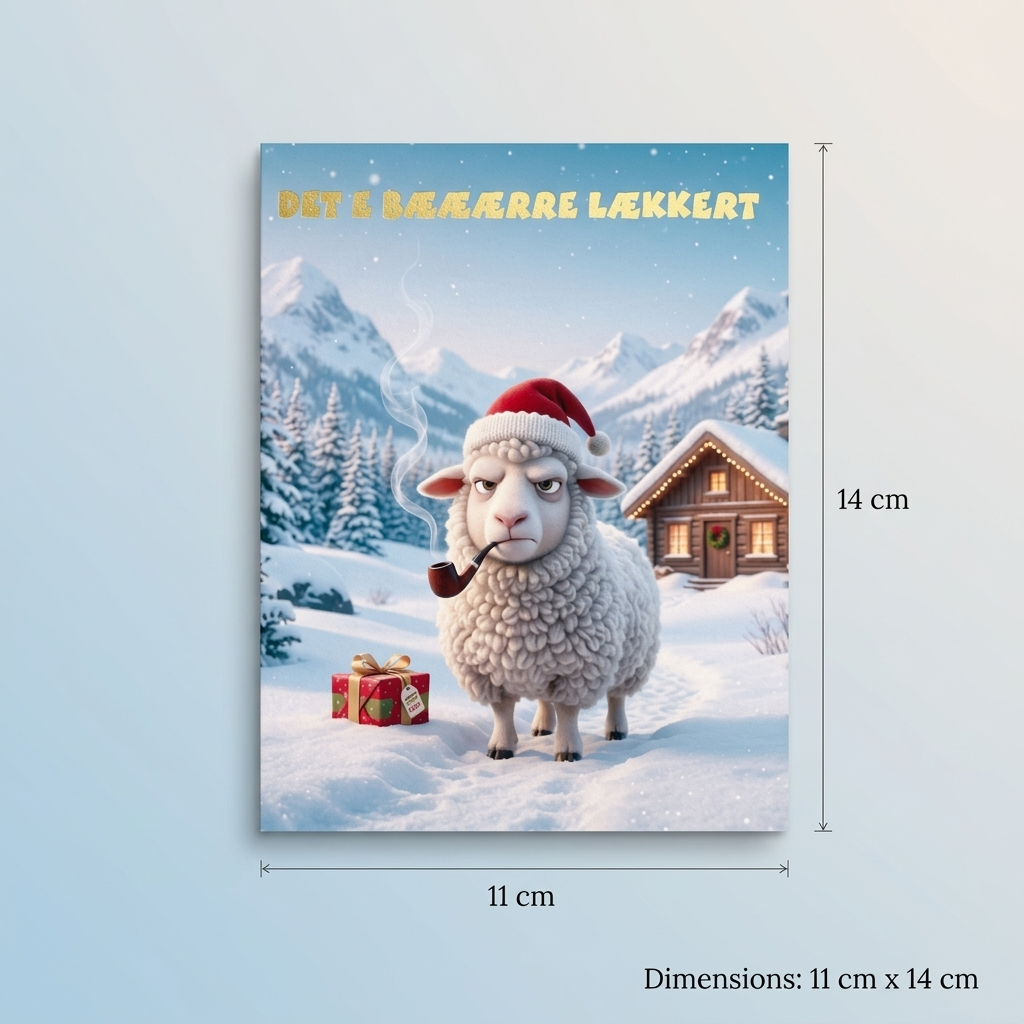 Julekort med morsom tekst og skrape klistremerke for den perfekte julegaven til noen som har alt. Her ser man størrelsen på det dobble brettekortet. Det er 14 X 11cm. Kortet kommer med gullfoliert tekst "det e bææærre lækkert". Morsomt og kreativt.