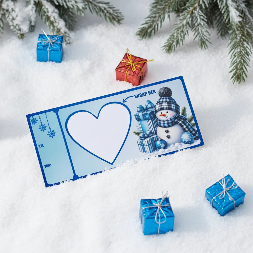 Skrapelodd julegave kort. Perfekt til overraskelser og julegaver man ikke får gitt fysisk på julaften. Skrap fram julegaven. Morsomt og unik måte å gi bort en helt spesiell julegave på! Dette designet er blått med snømann på. Den er også foliert med blå folie så den får skinnende effekt og glinser i lyset.