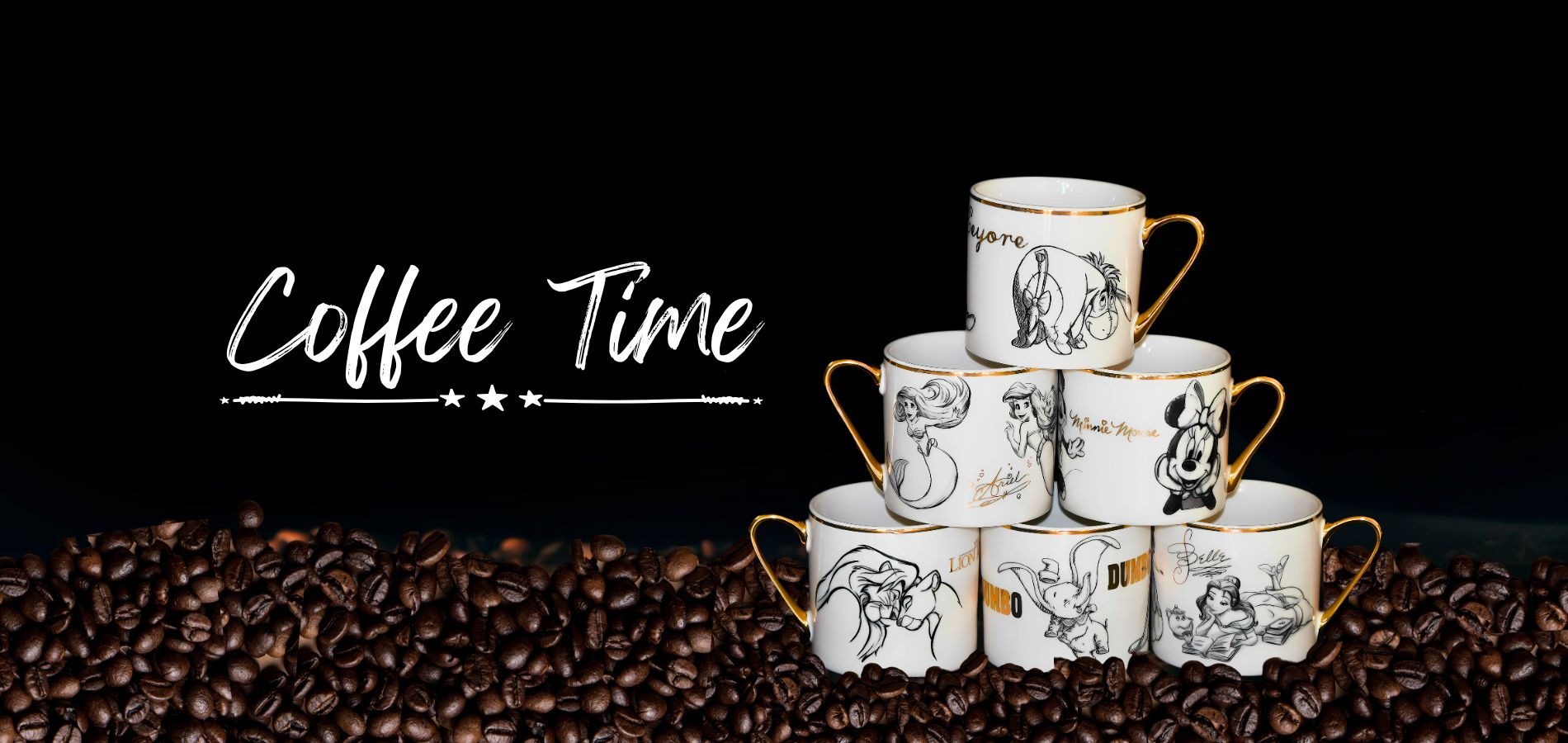 6 forskjellige disney krus med gullkant og gull hank.