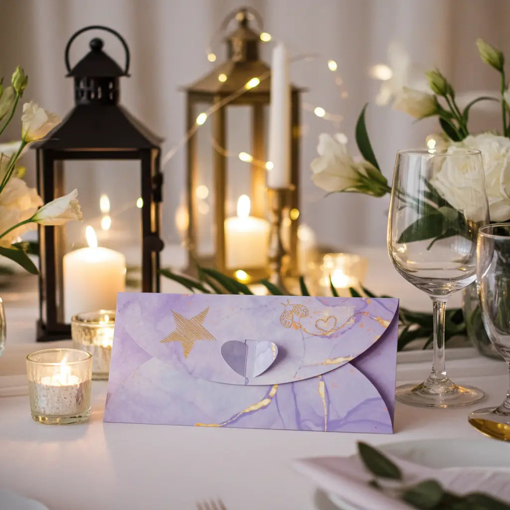 Håndlaget konfirlutt til konfirmasjonskortet. Kortet har et utskåret hjerte på baksiden som gjør det enkelt å lukke å åpne konfirlutten uten å ødelegge den. Det er også foliert gull stjerne og en flygende sommerfugl på baksiden av dette kortet, noe som gir det et luksuriøst preg.