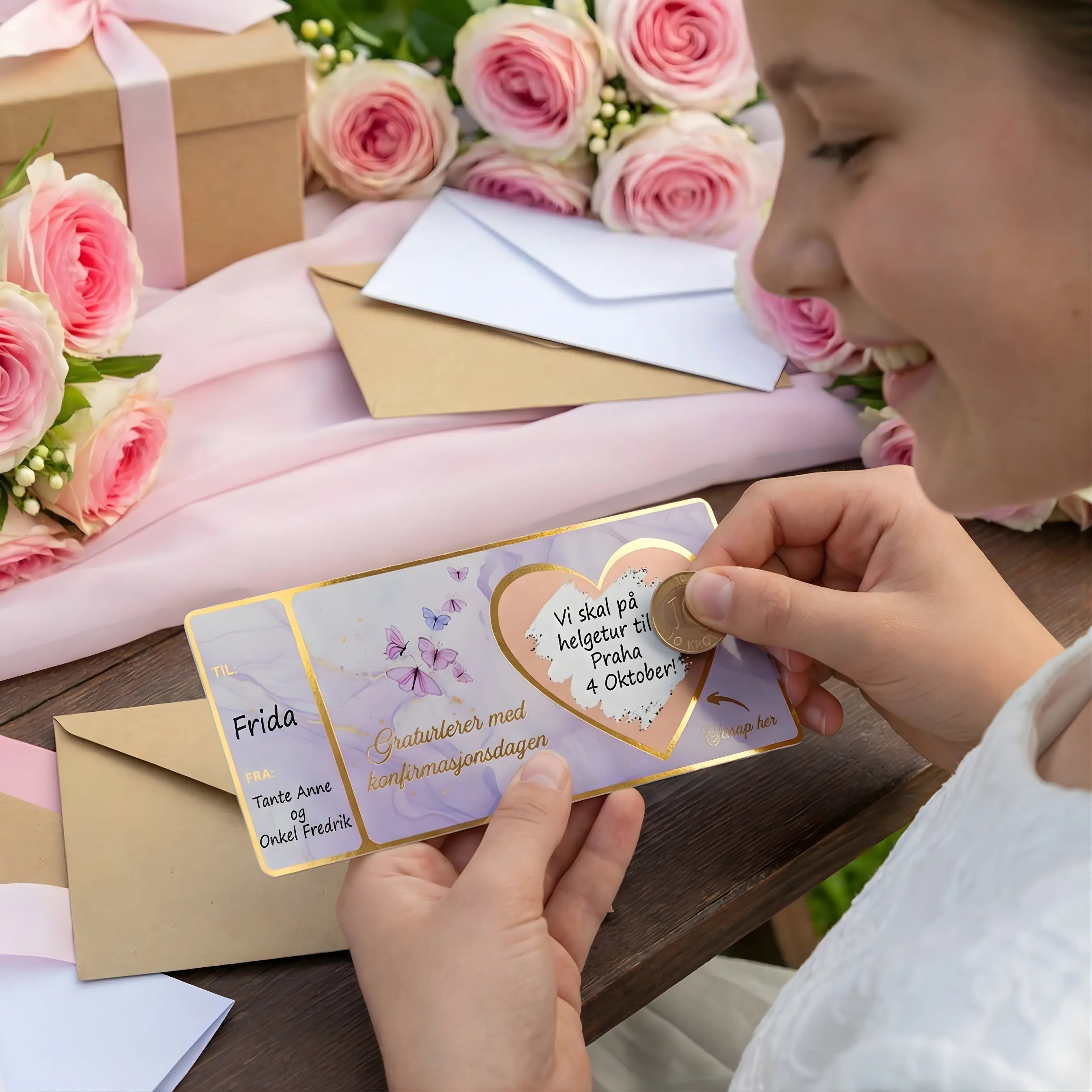 Konfirmasjonsgave i et skrapekort. Dette kortet er perfekt om du skal gi bort en opplevelse i konfirmasjonsgave til konfirmanten. Her skriver du hva du ønsker å gi bort inni hjerte for så å klistre skrapeklistremerke over teksten. Konfirmanten må da skrape fram gaven med en mynt for å finne ut hva hun har fått. Kortet er lilla med sommerfugler på og gulldetaljer. Til og fra skriver man også på selv.