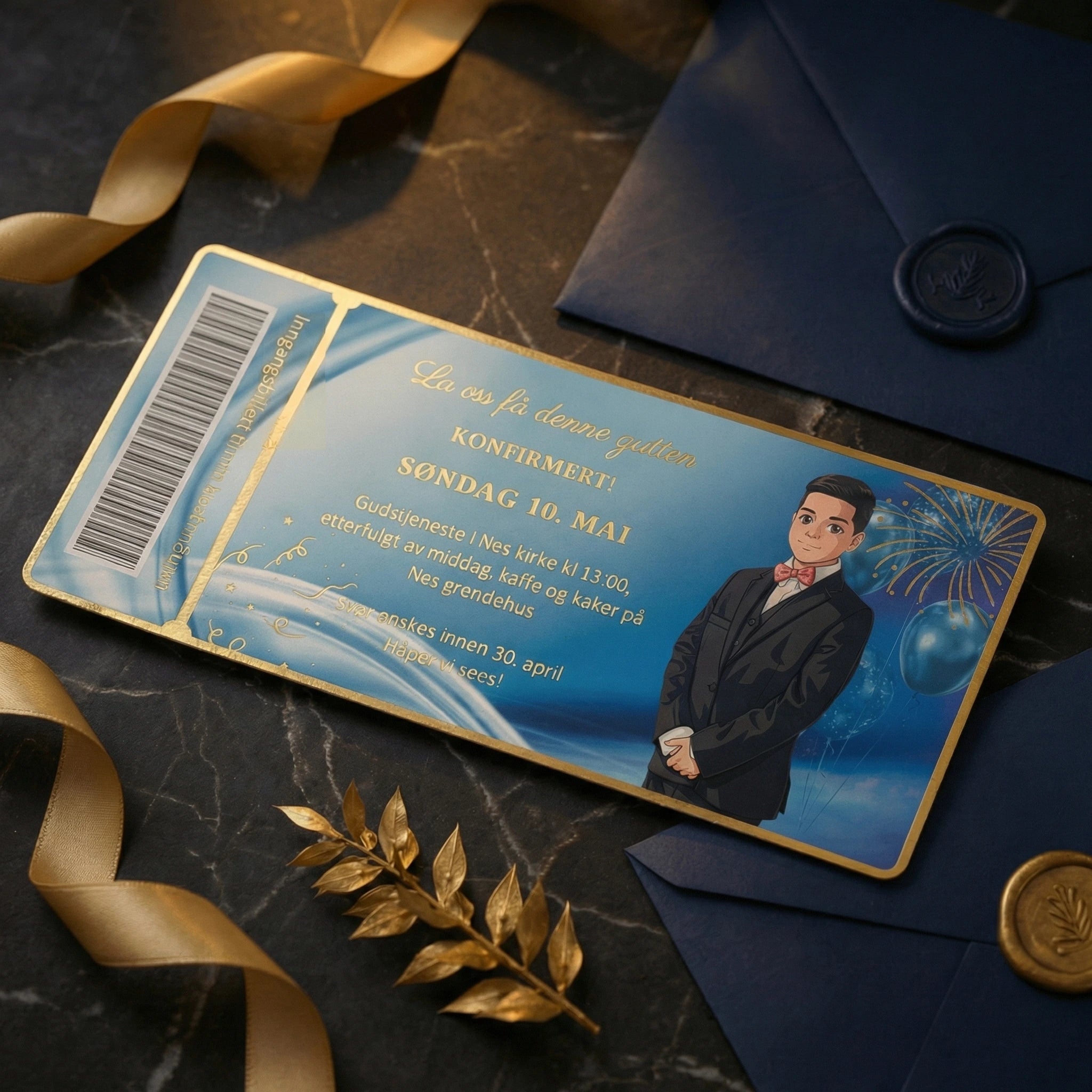 Konfirmasjonsinnbydelse til gutt. Dette kortet er en inngaangsbillett med strek-kode til konfirmasjonen. På kortet er det en animert gutt i dress. Kortet har gull foliert tekst og kant rundt kortet. Teksten er personlig tilpassningsbar. Blått kort håndlaget i Norge.