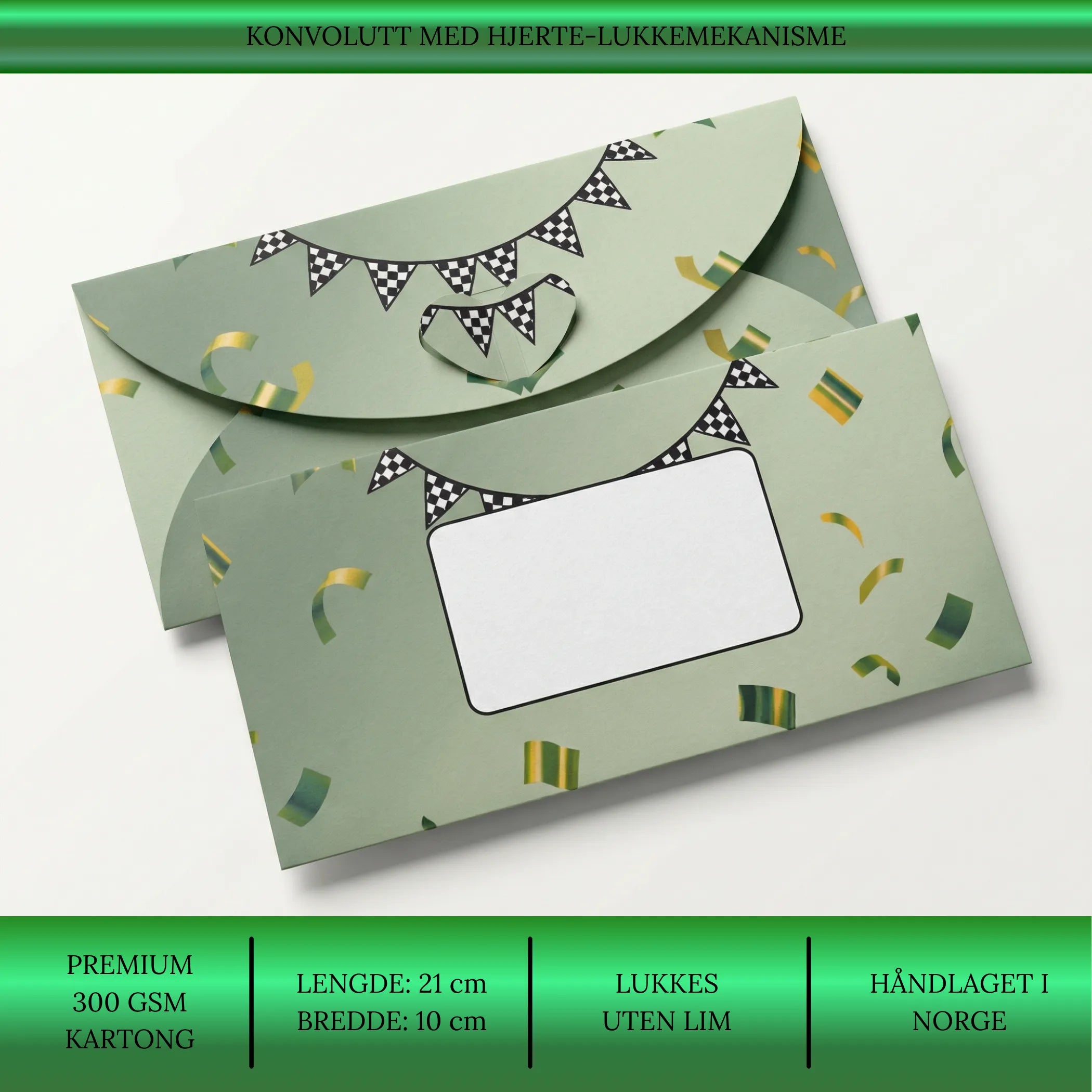 Konvolutt til våre håndlagde kort. Bilde viser forsiden og baksiden på kortet. Kortet er grønt med bursdagskonetti og flagg. Egent felt hvor man kan skrive en beskjed eller hvem kortet er til.
