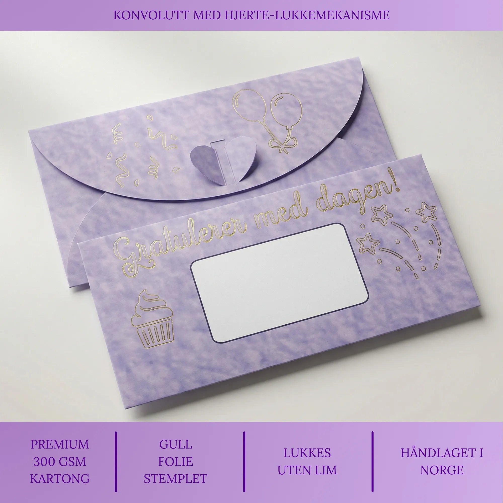 Konvolutt til bursdagskort. Gull stemplet tekst "Gratulerer med dagen" og bursdagspynt. Ballonger, kake og konfetti. Egent felt til å skrive hvem det er til og fra. Kortet har en spesiell åpne og lukkefunksjon. Hjertet brettes innover og trykkes ut gjennom hullet. Dette bilde gir informasjon om bursdagskonvolutten.