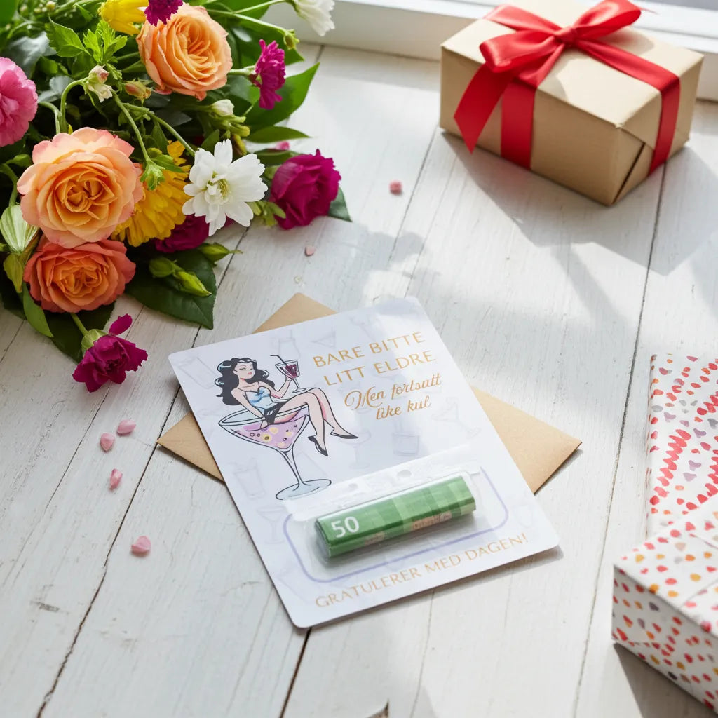 Bursdags kort med penge lomme som ligger på et bord med gaver og blomster rundt seg. Her har bursdagskortet fått 50 kroner i seg og er klar til å gies bort til bursdagsbarnet. Et håndlaget unikt kort som også er praktisk og skiller seg ut. Med tekst og en dame som sitter i et cocktail glass med drinken sin.