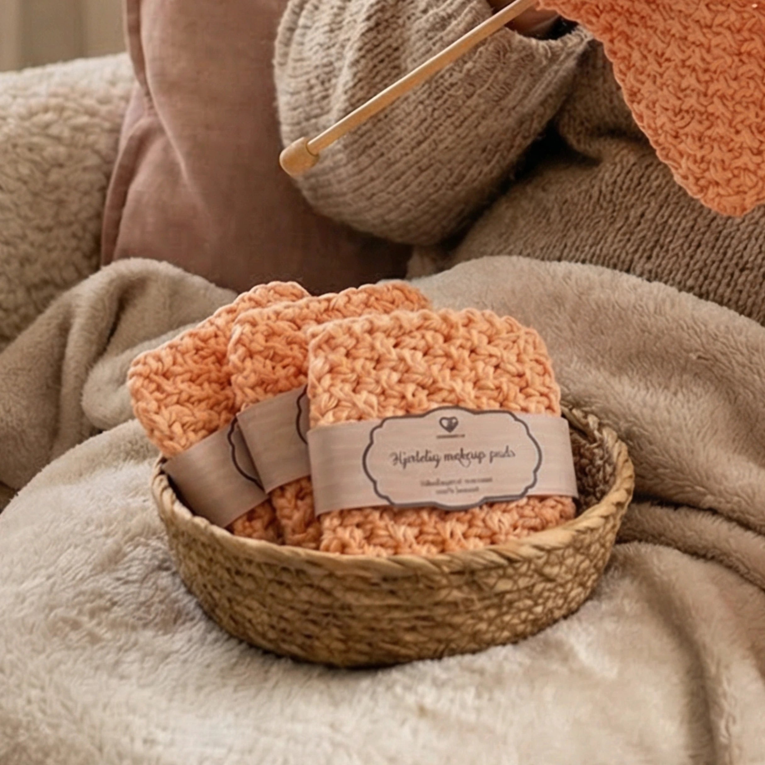 Sminkefjerner kluter strikket i 100% bomull. Håndlaget i Norge. Miljøvennlig og skånsom mot irritert hud. 4stykker i en pakke. Disse makeup padsene kan brukes om og om igjen. De kan vaskes på 60grader i vaskemaskinen, og kommer i 9 forskjellige farger. Denne varianten er i fargen fersken.