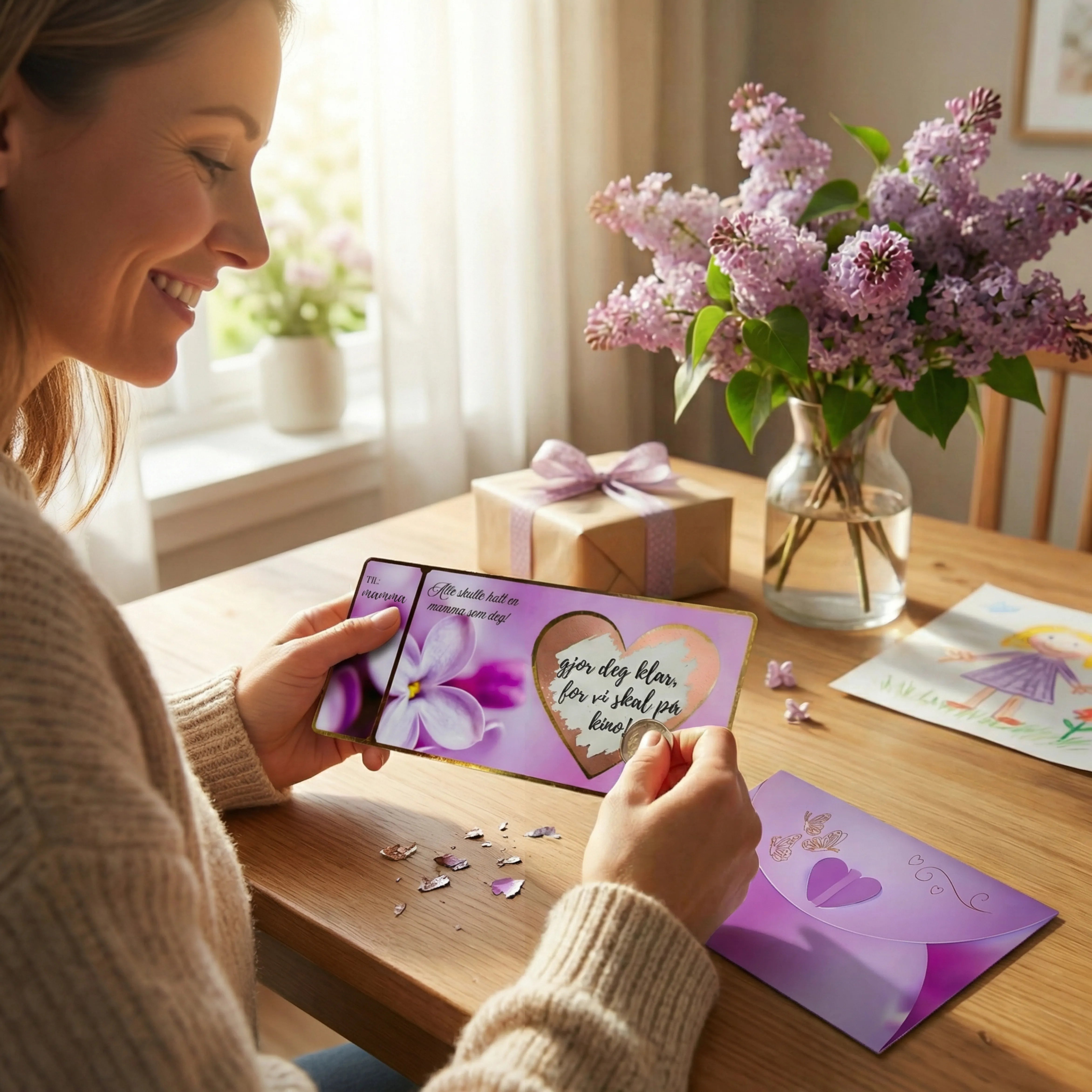 Et kort med gullfoliering og skrapefelt til morsdag. Mor skraper frem gaven som står skrevet nder skrapefeltet. En personlig gave til mamma. På bordet ligger en matchende konvolutt som følger med produktet. Håndlaget kort fra Norge, til de som ønsker at gaven skal bli en opplevelse.