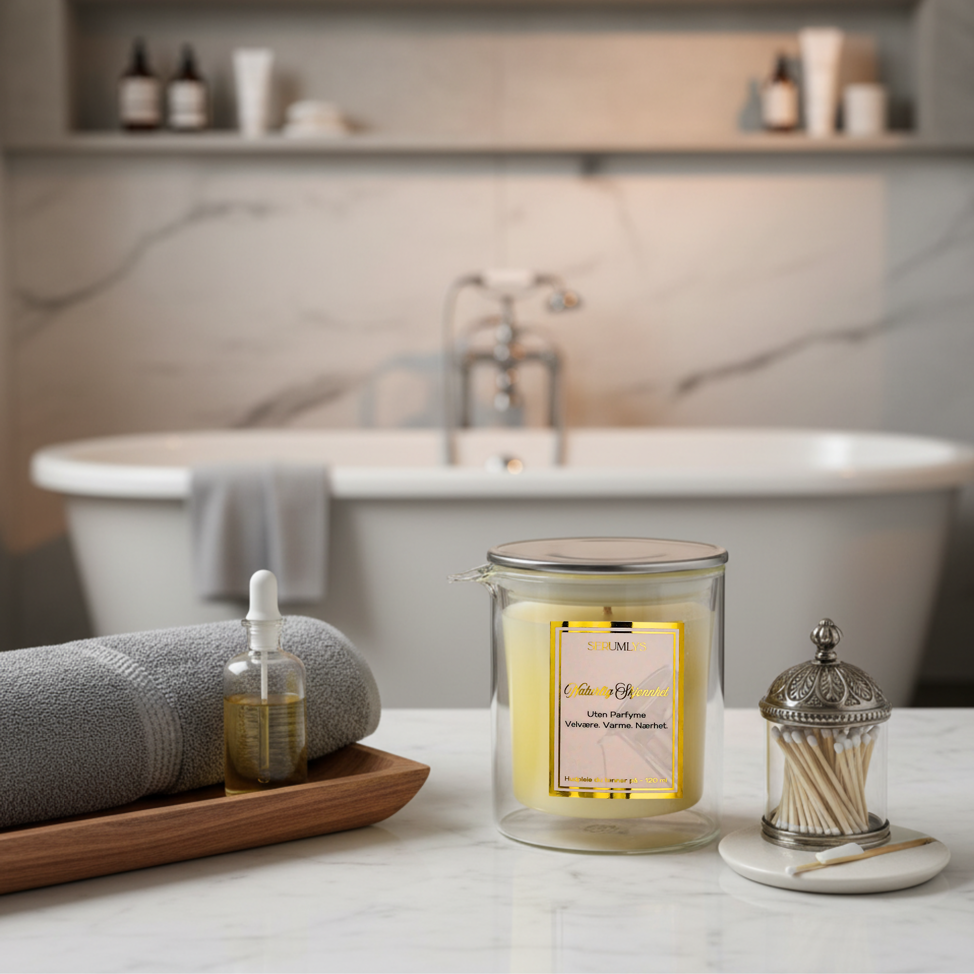 Serumlys hudpleie i et lys man tenner. Smeltet naturlige oljer man heller på kroppen. På badet med badekar i bakgrunnen, klar til å tennes. Opplevelse, velvære og ro i et lys! Pleier både kropp og sinn.