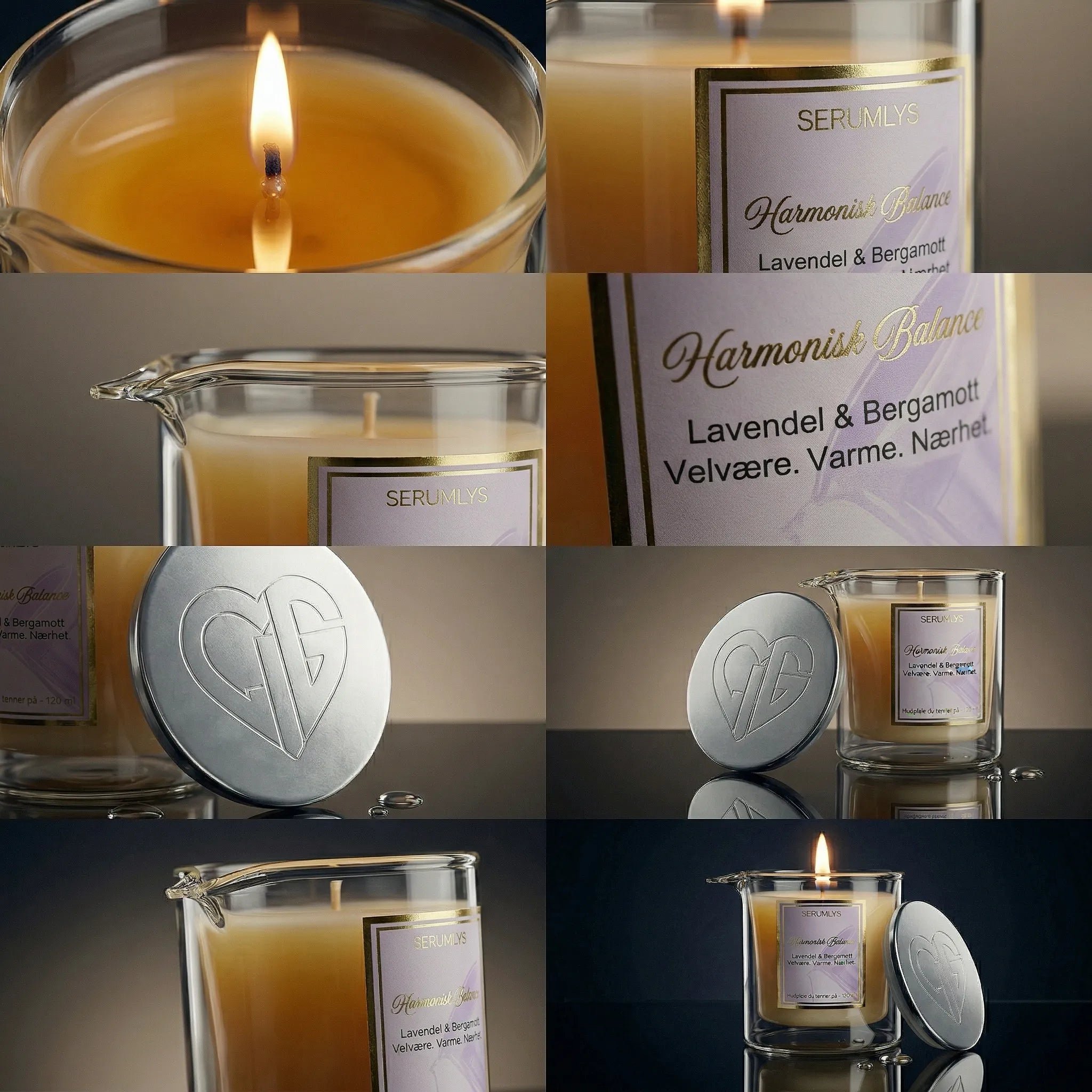 Nærbilder av harmonisk balanse serumlys med lavendel og bergamott. Et hudpleieprodukt som kan brukes på hele kroppen. Helt natulige ingredienser som oppfordrer til å sette av et øyeblikk til seg selv. Varmt serum som helles direkte fra glasset og på kroppen etter en dusj. Etterlater huden din silkemyk og glødende.