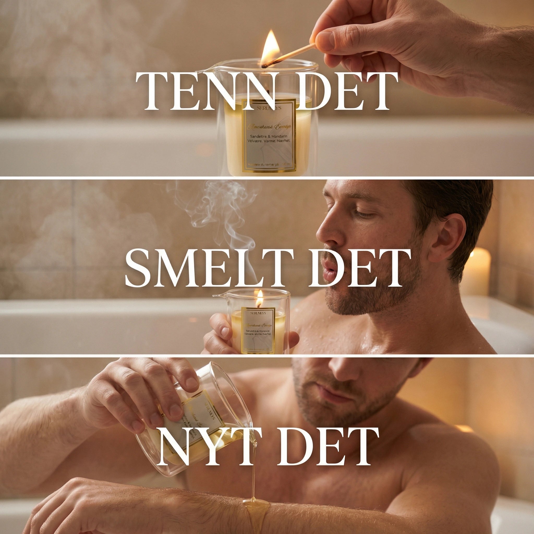 Naturlig hudpleie i glass med helletut. Et lys som skal tennes før en dusj eller et bad. Etter 15 minutter har lyset smeltet frem oljen, som helles på kroppen. Naturlige planteoljer som gir varme, ro og en spaopplevelse hjemme på eget bad. Oljene trekker raskt inn i huden og gir dyp fuktighet og glød. Oljene kan hjelpe mot irritert ut med sine antiflammatoriske egenskaper. Varmen og opplevelsen kan redusere stress. Håndlaget i norge.