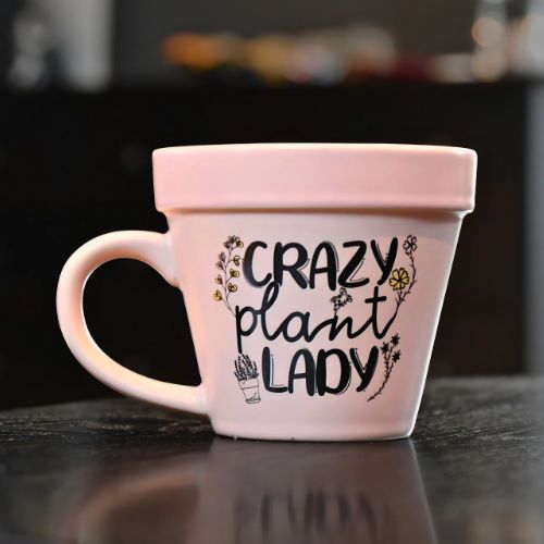 Kopp med humor. Blomsterpotte med teksten "crazy plant lady"