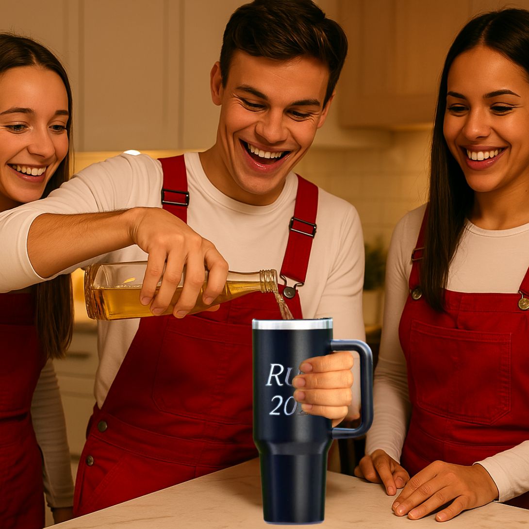 Russ som fyller opp sin sorte RUSS 2025 termokopp med drikke. Årets russemerch fra Hjertelig.no