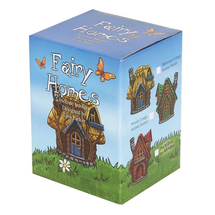 Esken til fairy homes røkelsesbrennere. Viser de tre variantene som finnes. Et med gult tak, et med grønt tak, og et med rødt tak.