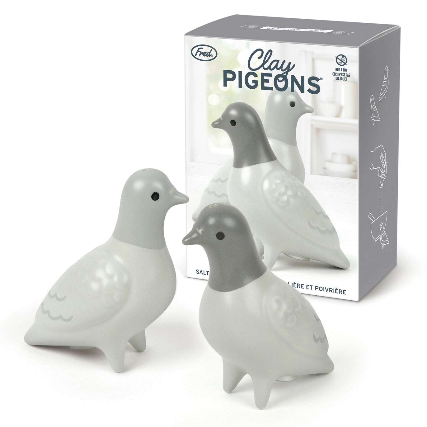 Salt og pepperbøsse. To søte duer. Viser produktene og esken