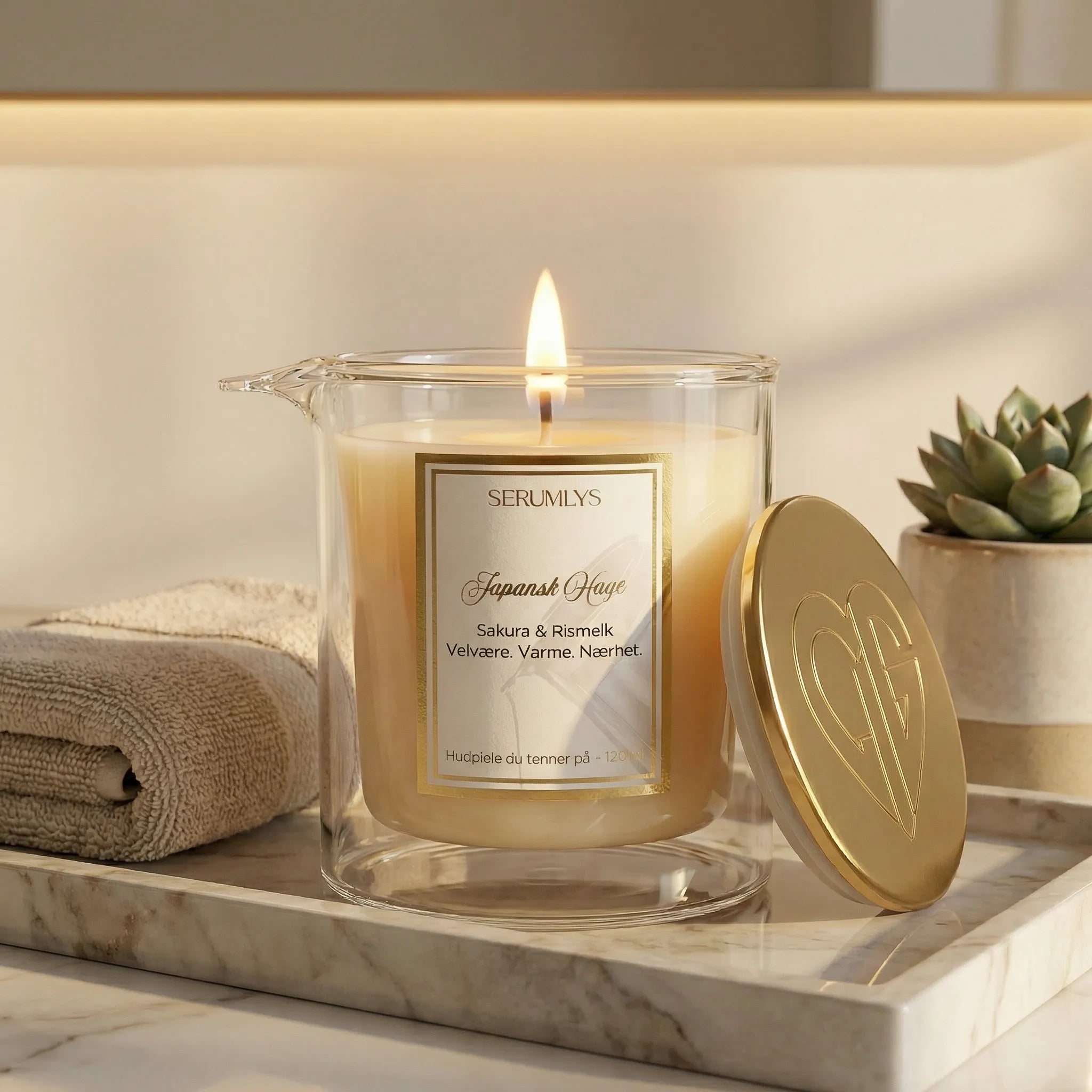 Naturlig kroppsoljer smeltet i et lys. Varme, nærhet og egenomsorg til noen som trenger å ta vare på seg selv. Fantastisk bryllupsgave, eller en motivasjon til å finne tid til seg selv i en hektisk hverdag. Serumlyset står her tent på badet, sammen med en vaskeklut. Duften av Sakura og Rismelk starter å fylle rommet og snart er det smeltet nok olje til å smøre inn kroppen.