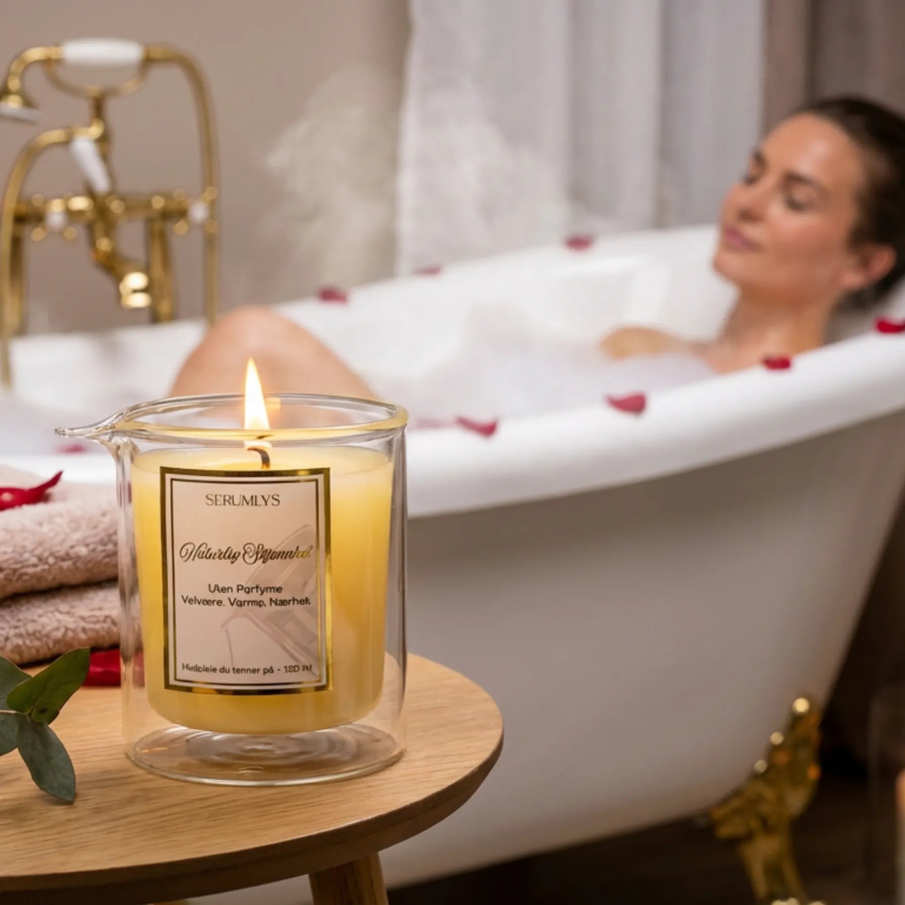 Kropps serumlys med naturlige oljer som står å brenner mens det ligger en å slapper av i badekaret. Egentid og egenomsorg er veldig viktig og det ser man på bilde at ble tatt godt imot. Det å få koblet fra i en hektisk hverdag med et kropps serum lys er en fantastisk måte å gjøre dette på. Tenn lyset, så har du deilige naturlige oljer du kan smøre deg inn med til slutt.