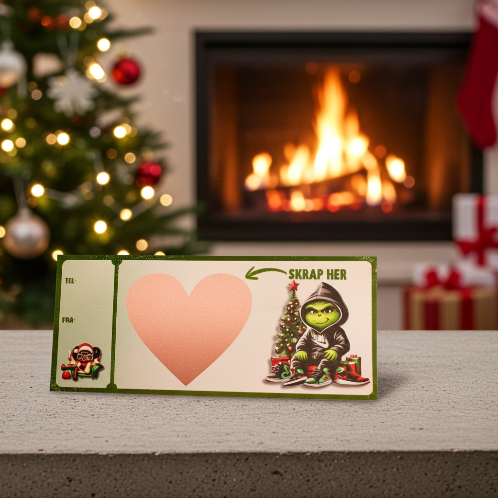 Skrap her gavekort / julekort i grønt design med skrapehjerte- Her er hjertet klistret på over teksten hvor man har skrevet overraskelsen som mottaker må skrape fram. Den perfekte måten å gi bort en helt spesiell julegave på!