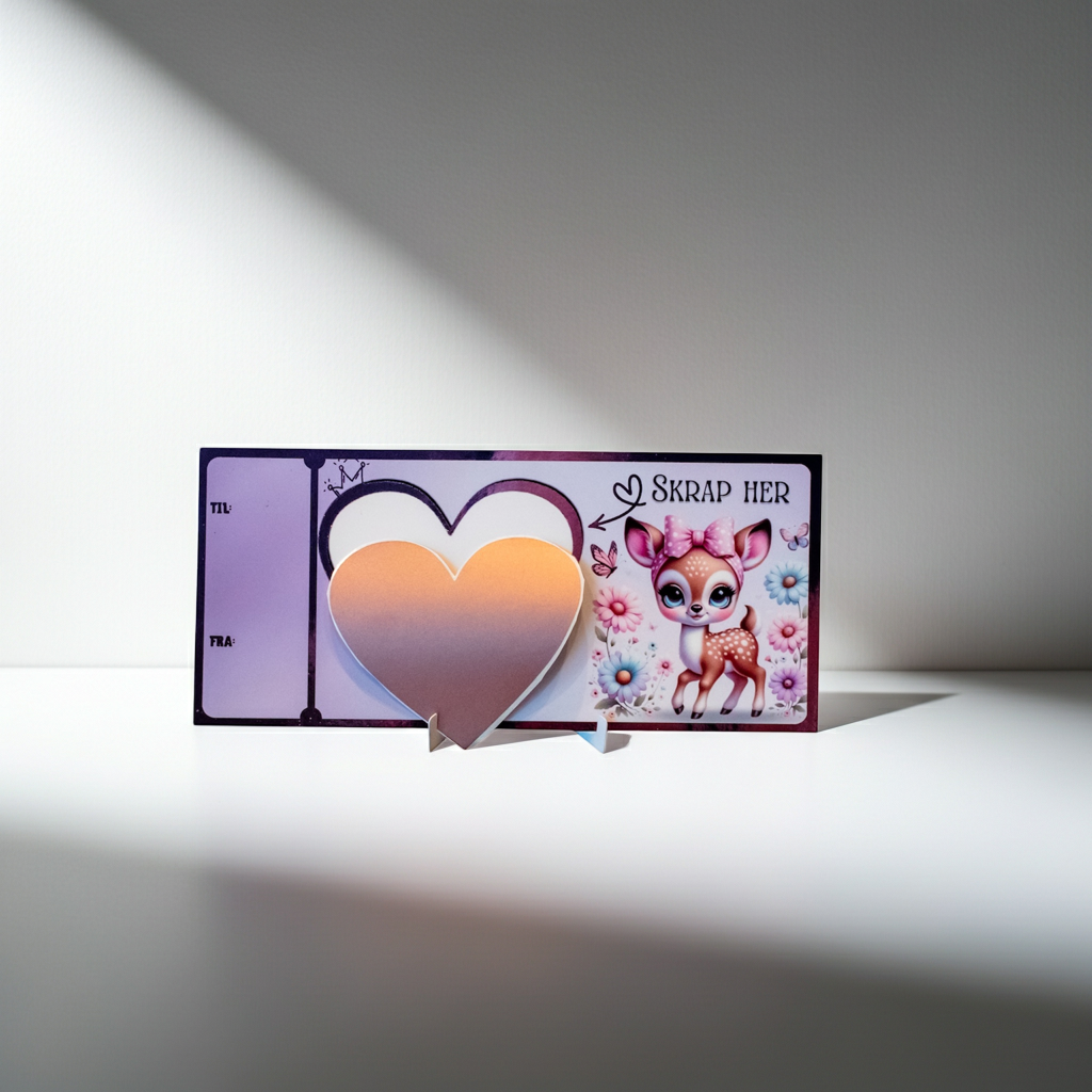 Et nydelig bursdagskort hvor man kan skrive inn hva man ønsker å gi bort i hjertet, så klistrer man på skrape-klistremerke over teksten man har skrevet. Den som får kortet må så skrape fram gaven eller beskjeden. En morsom måte å gi bort en helt spesiell gave på. Dette kortet har lilla folie på seg og et nydelig søtt design. Skriv hvem gaven er til og fra på siden av kortet.