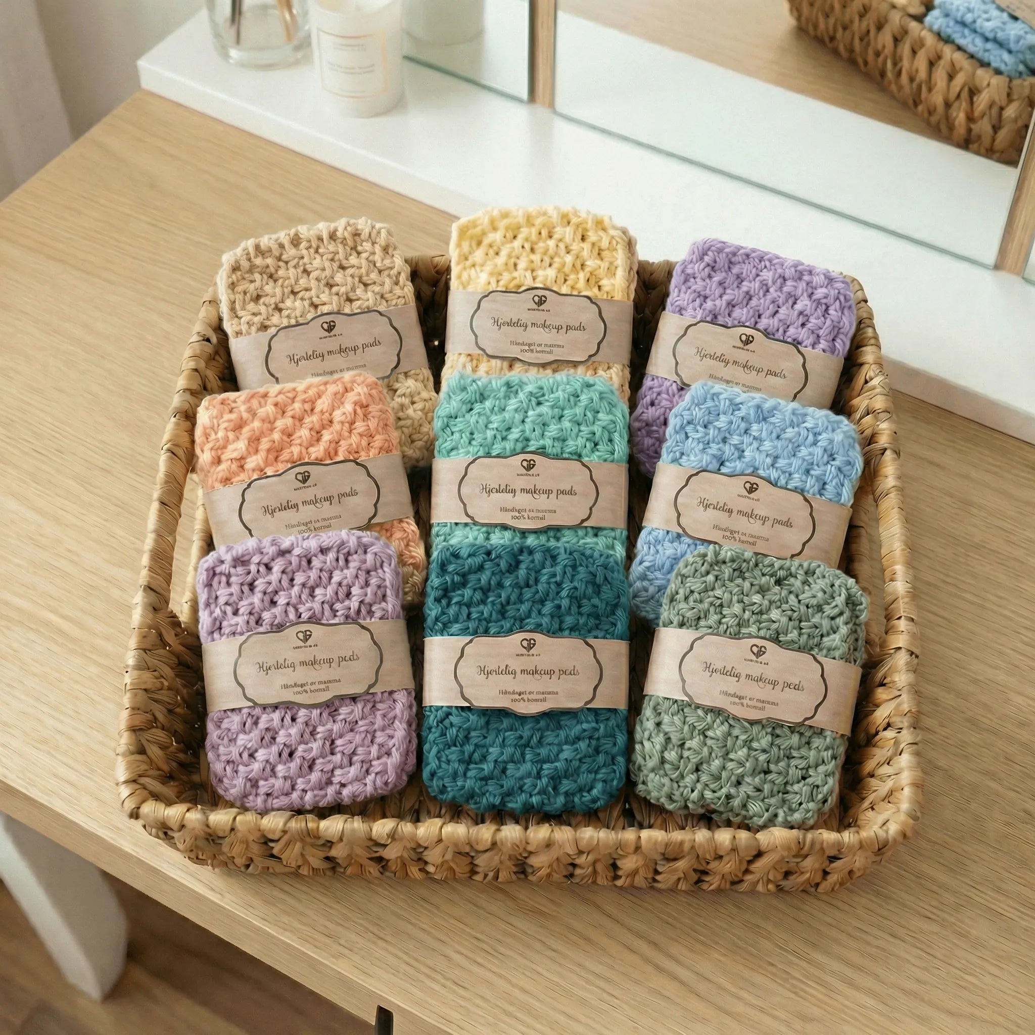 Fjern sminke med disse fantantastiske bomulls makeup padsene strikket av mamma. De kommer i 9 forskjellige farger og er skånsom mot huden. Passer også perfekt for de med skånsom og sesnsitiv hud. Myke, gode og gjennbrukbare. Vaskes på 60 grader i vaskemaskinen. Miljøvennlig.